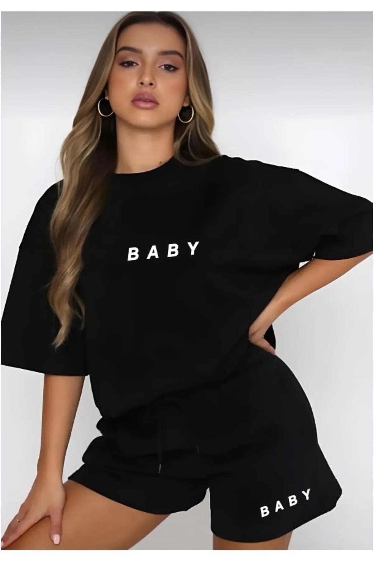 Kadın Baby Baskılı Tshirt Şort Takım