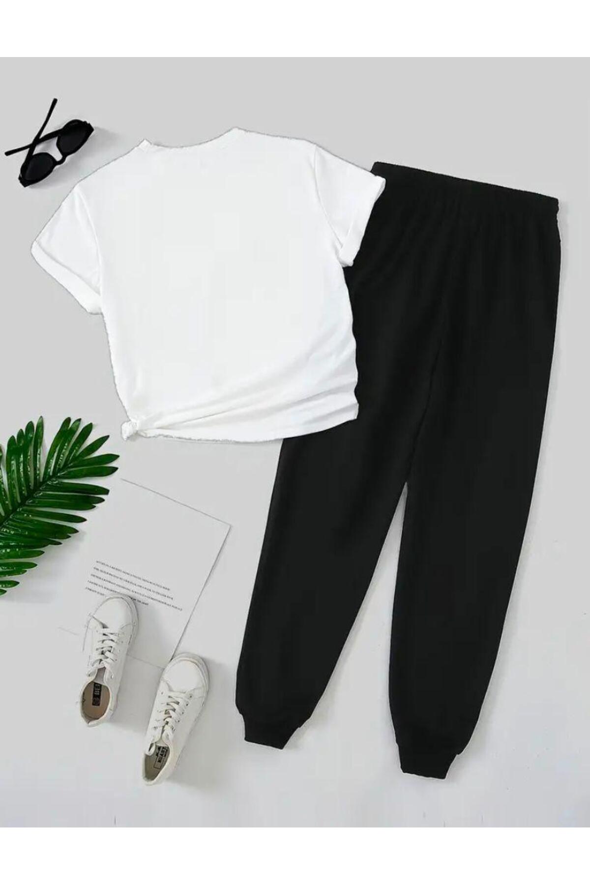 Love Baskılı  T-shirt Eşofman Altı Jogger Rahat Kalıp Siyah Eşofman Takım