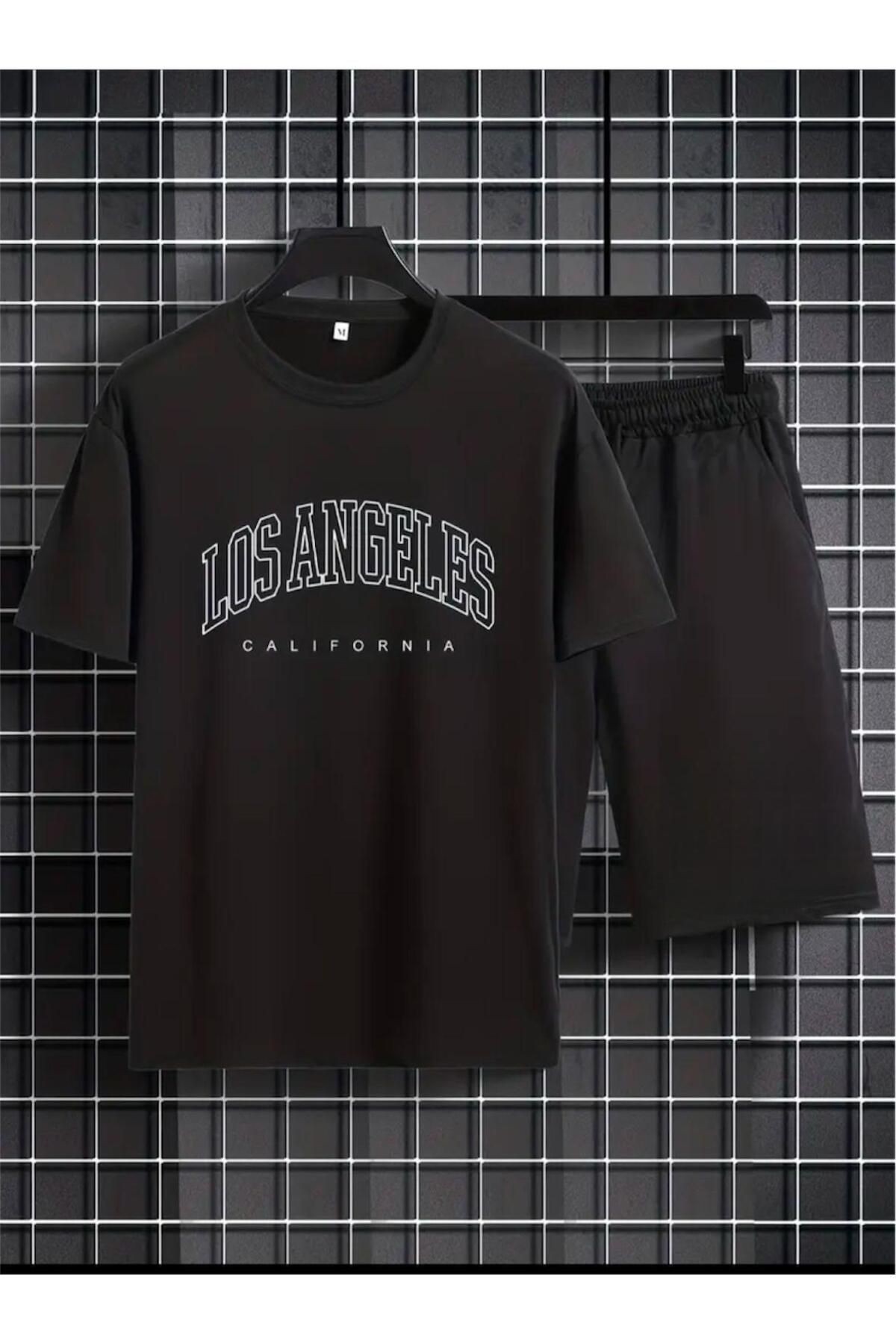 Losangels Baskılı T-shirt Short Bol Paça Rahat Kalıp Siyah Alt Siyah Üst Short Takım