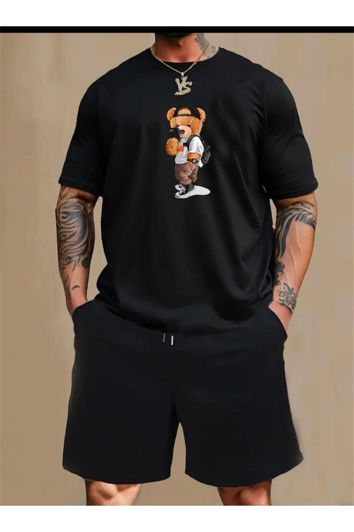 Peluş Ayı Baskılı T-shirt Short Bol Paça Rahat Kalıp Siyah Alt Siyah Üst Short Takım