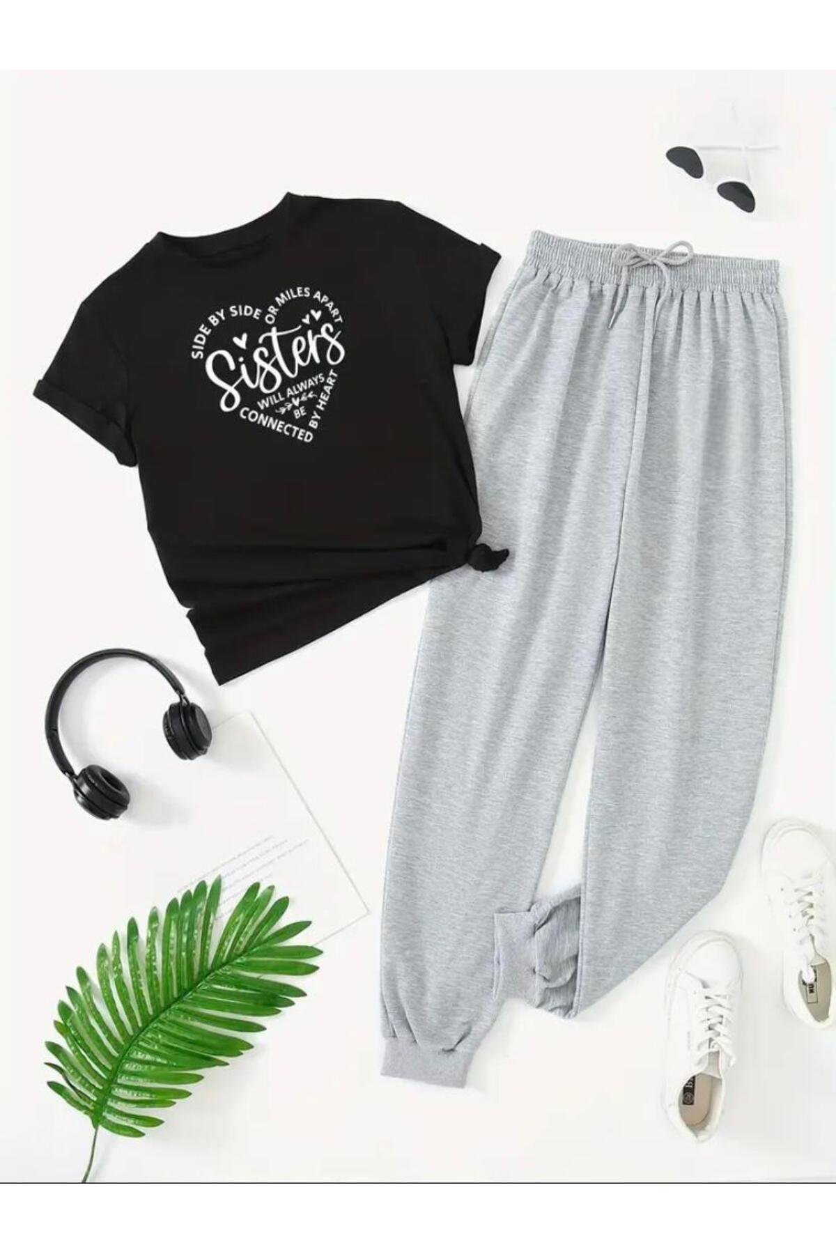 Sister Yazı Baskılı  T-shirt Eşofman Altı Jogger Rahat Kalıp Siyah Eşofman Takım