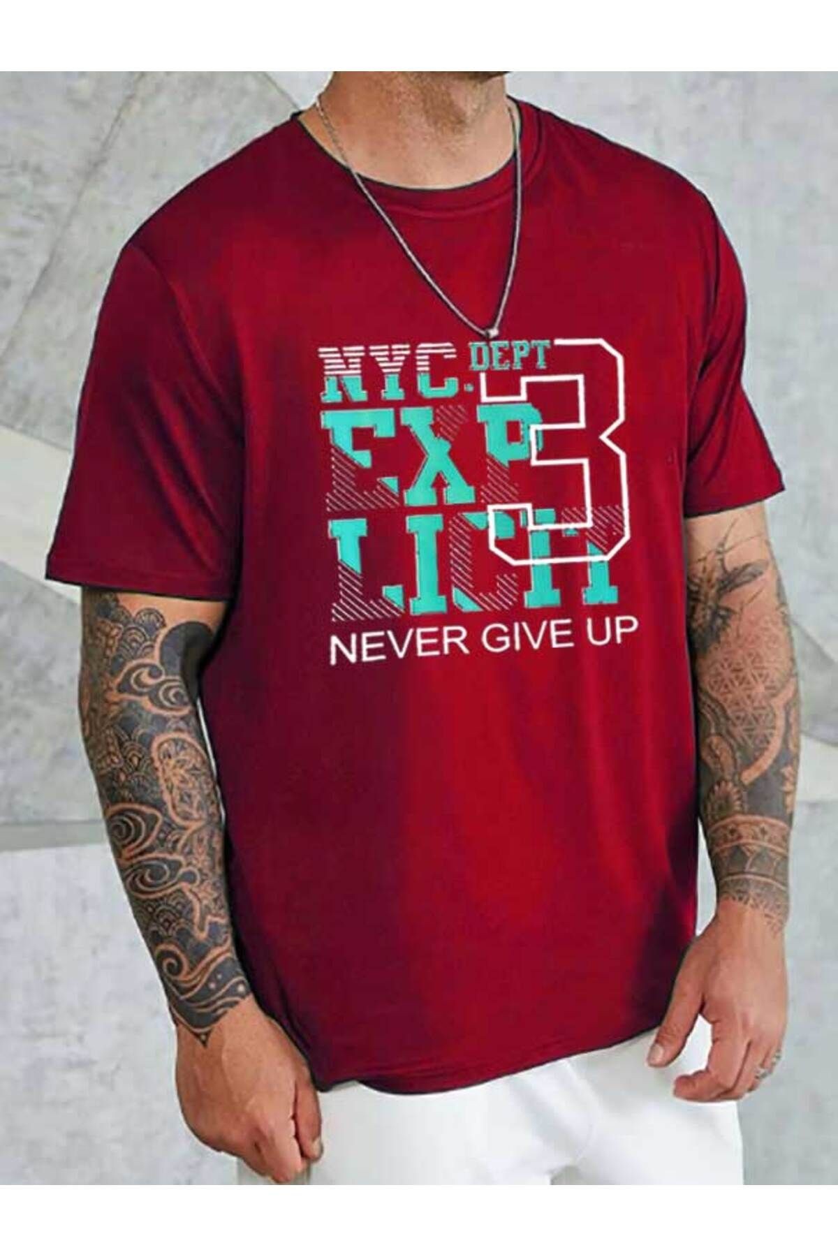 Unisex NYC Baskılı Bisiklet Yaka Tshirt - Kırmızı