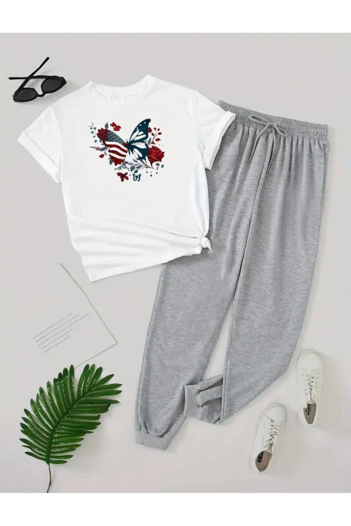 Gül Ve Kelebek Baskılı  T-shirt Eşofman Altı Jogger Rahat Kalıp Siyah Eşofman Takım