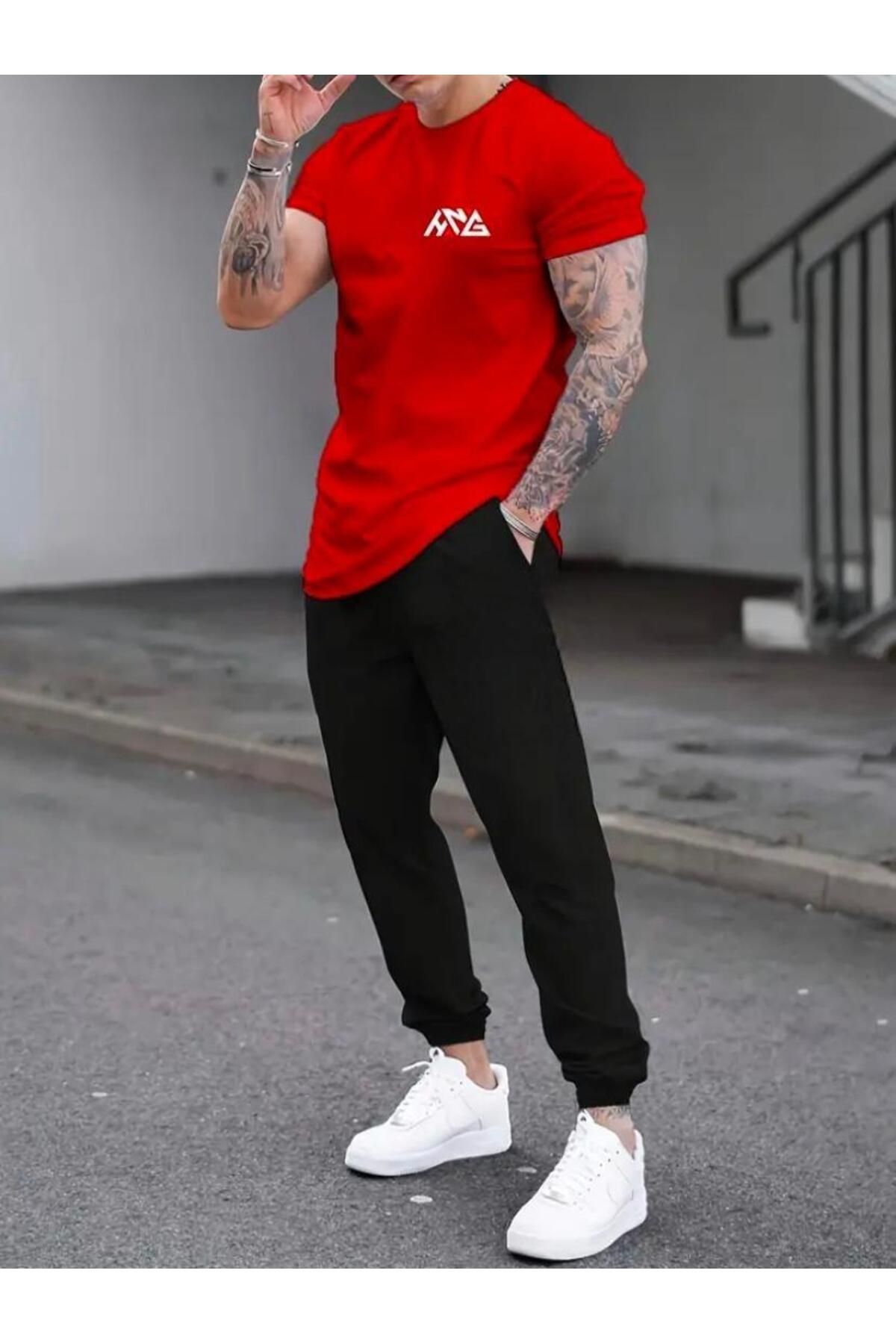 HNG  Baskılı T-shirt Eşofman Altı Jogger Rahat Kalıp Kırmızı Eşofman Takım