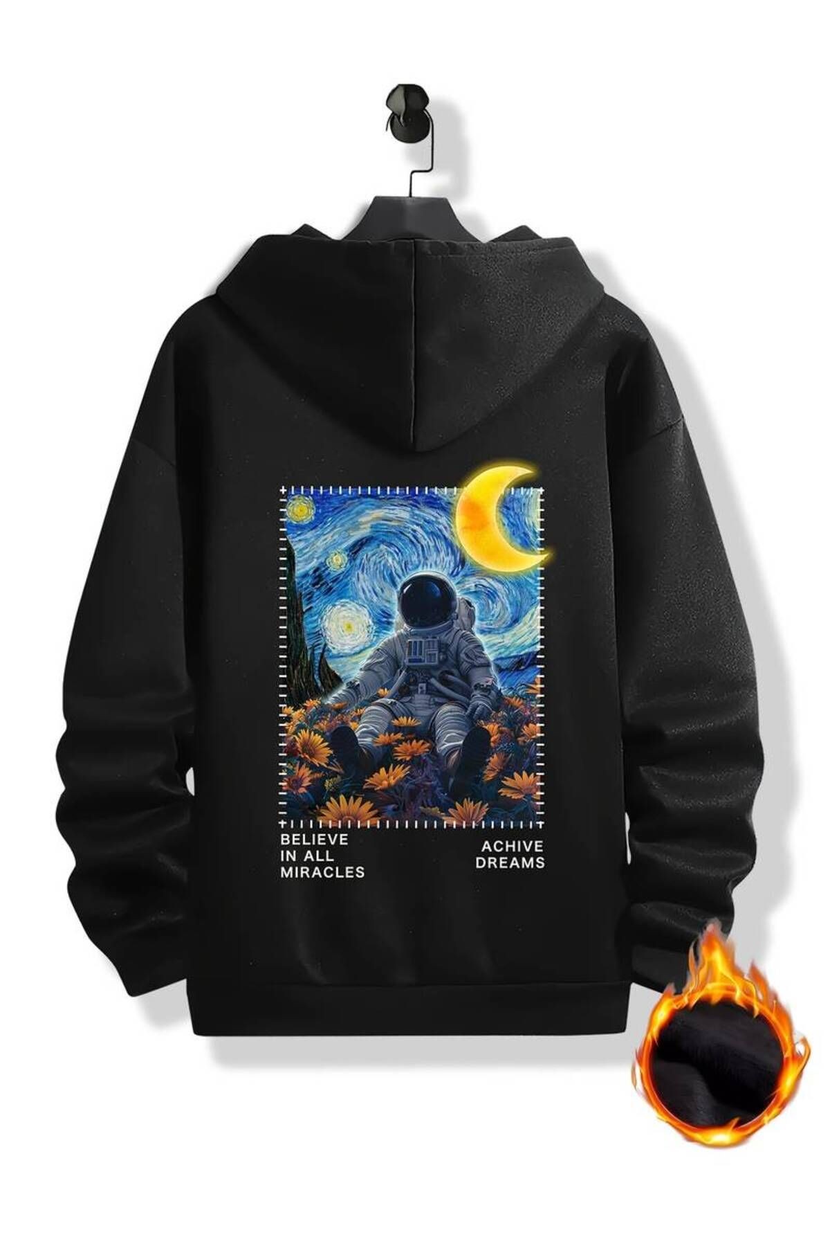 Astronot Arka Baskılı Kapüşonlu Sweatshirt - Siyah