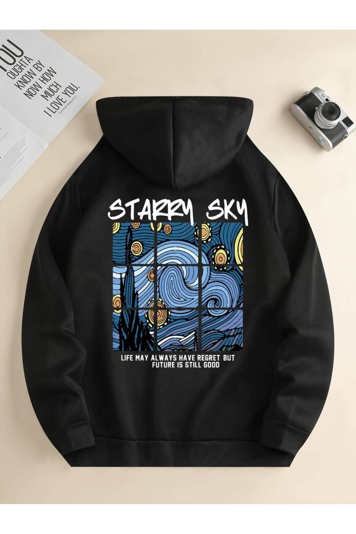 Starry Sky Baskılı Kapüşonlu Sweatshirt - Siyah