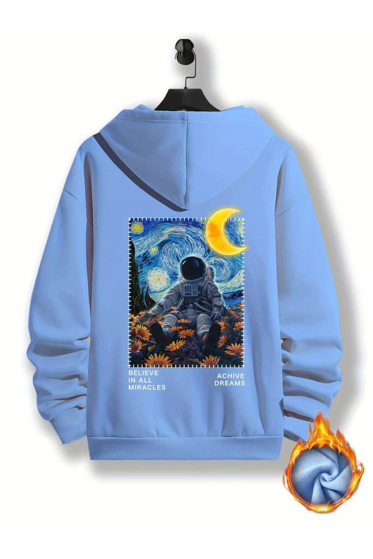 Astronot Arka Baskılı Kapüşonlu Sweatshirt - bebe mavisi