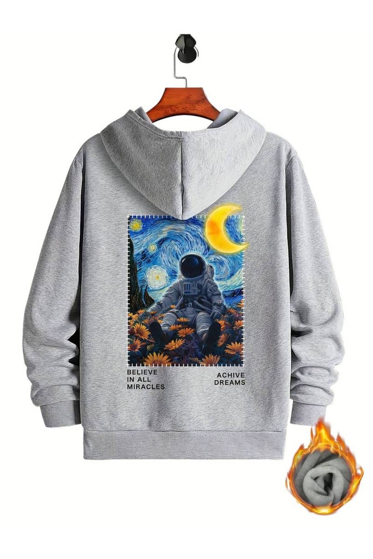 Astronot Arka Baskılı Kapüşonlu Sweatshirt - Gri