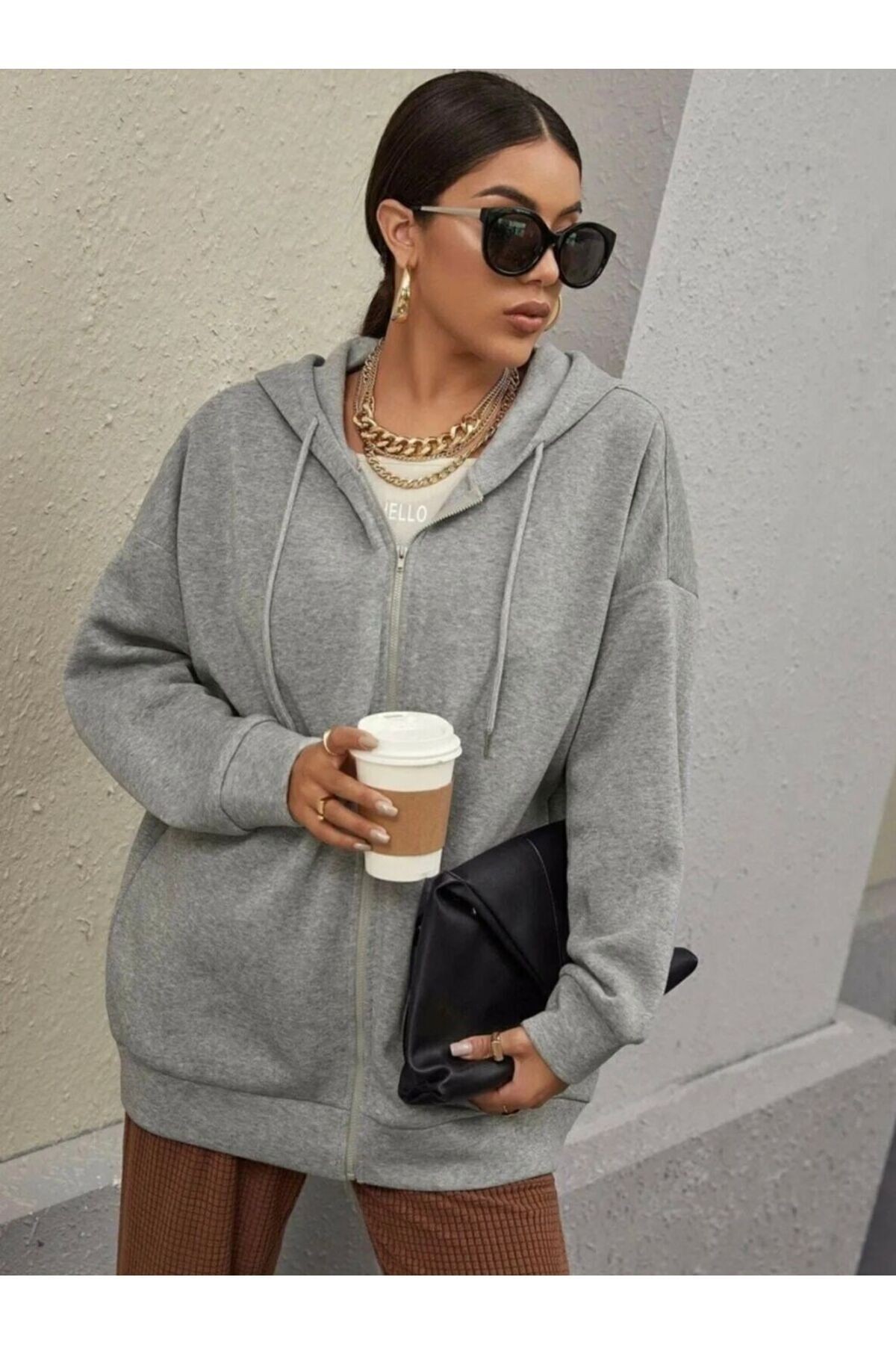 Kadın Gri Fermuarlı Sweatshirt