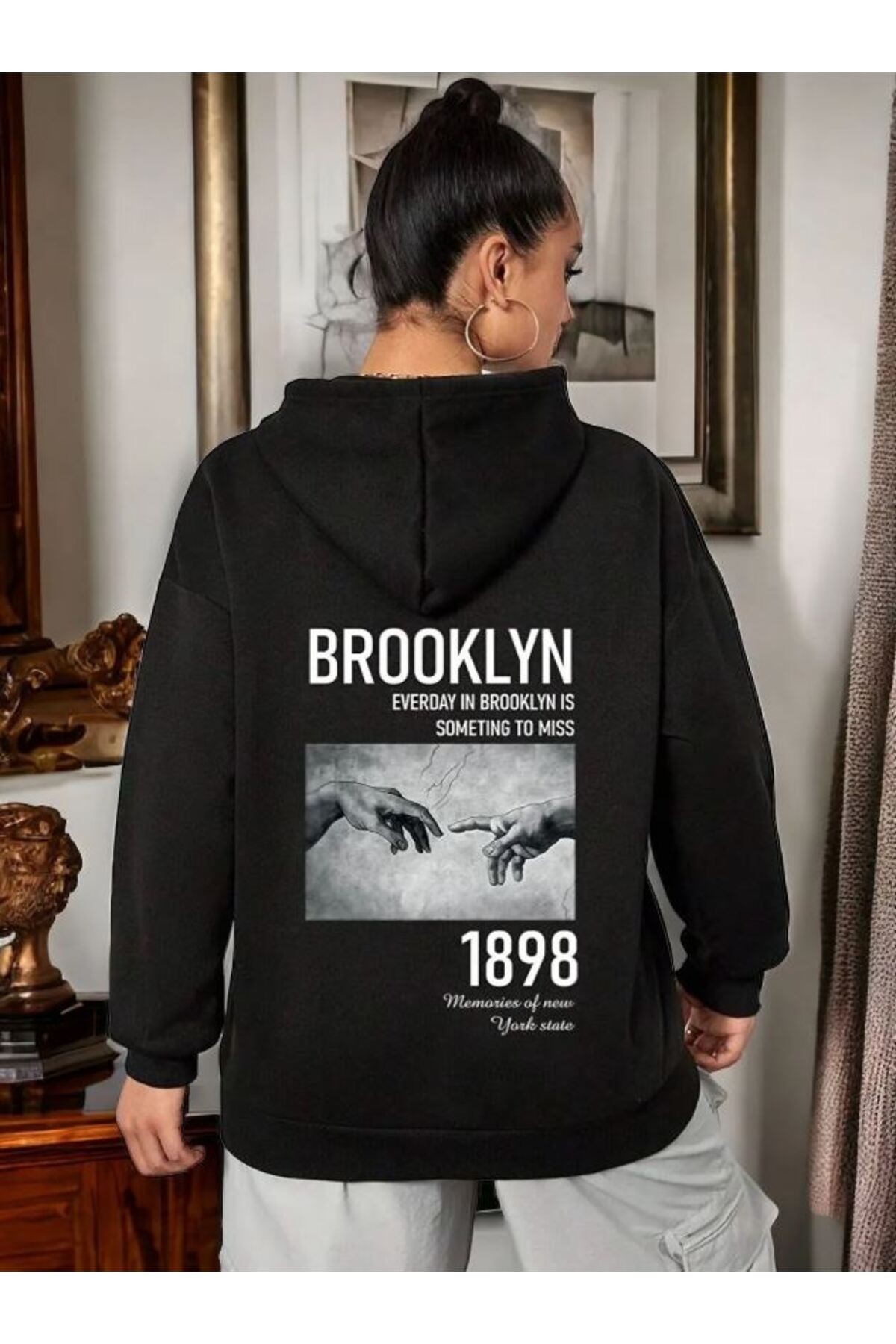 Unisex Brooklyn Arka baskılı Kapüşonşu Sweatshirt