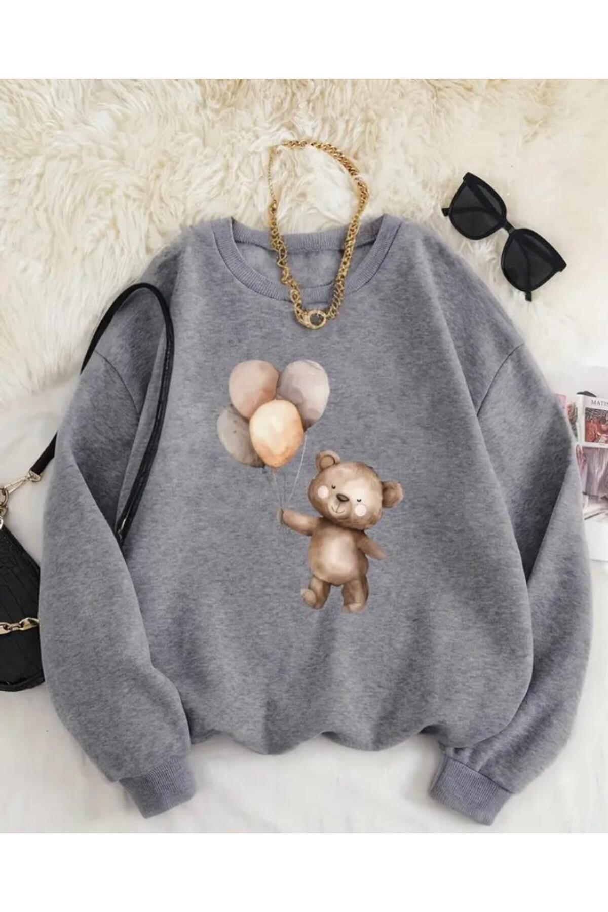 Ayıcık Baskılıı Bisiklet Yaka İçi Polarlı Sweatshirt