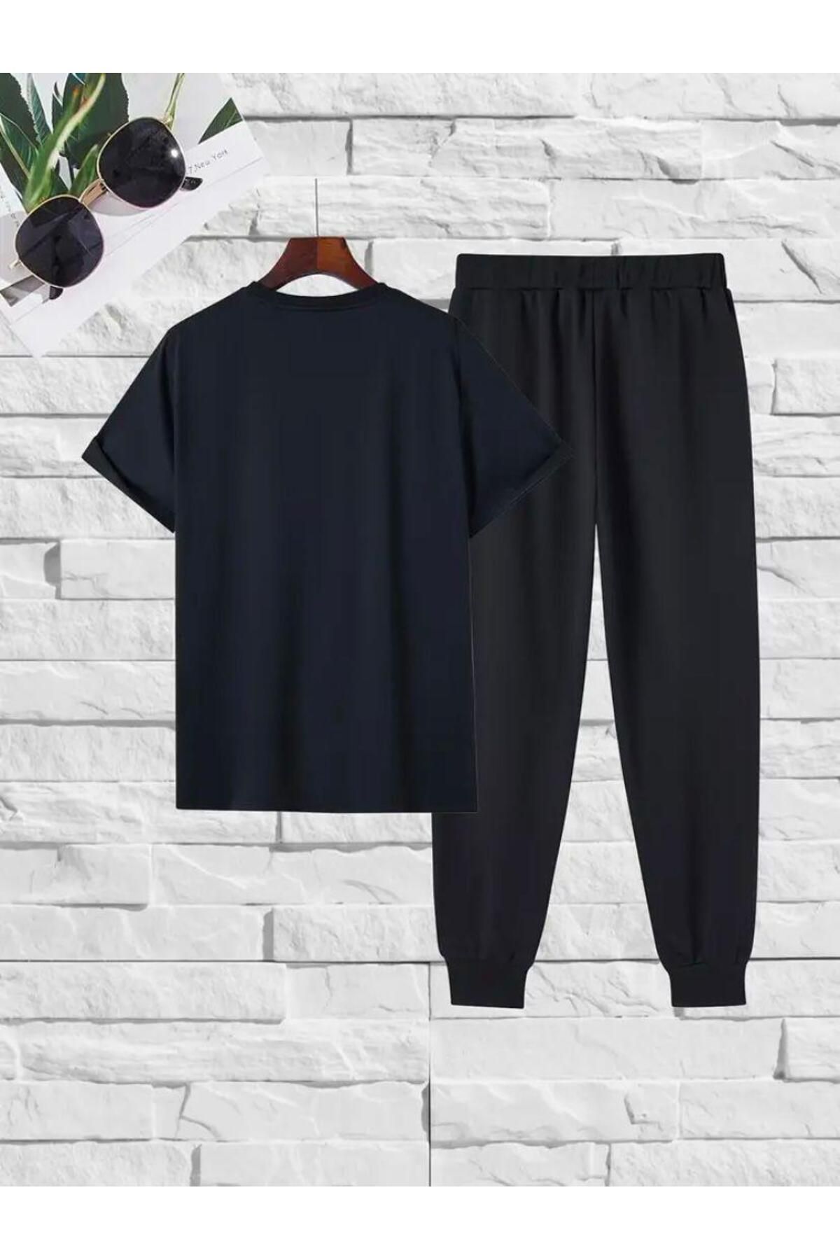 Peluş Ayı Baskılı  T-shirt Eşofman Altı Jogger Rahat Kalıp Siyah Eşofman Takım