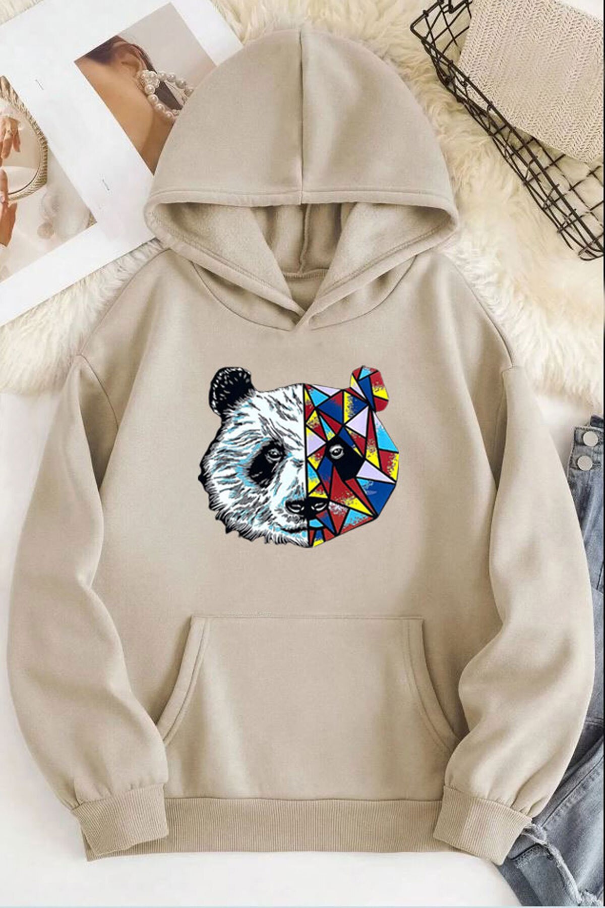 Panda Baskılı Kapüşonlu Sweatshirt - Bej