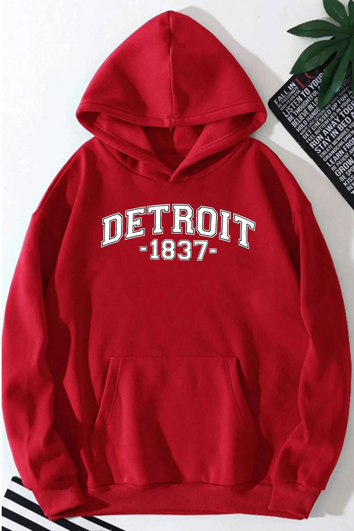 Detroit Baskılı Kapüşonlu Sweatshirt - Kırmızı