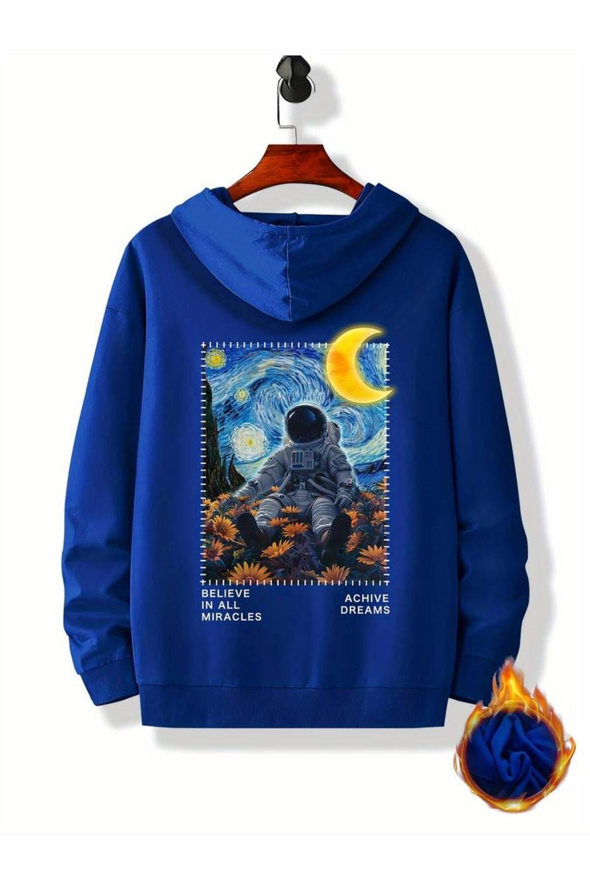 Astronot Arka Baskılı Kapüşonlu Sweatshirt - Mavi