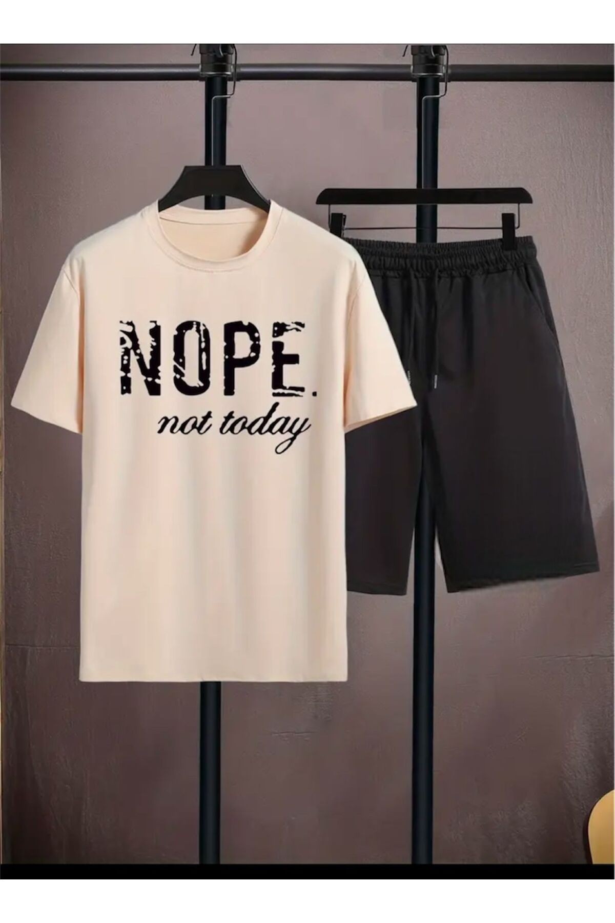 Nope Baskılı T-shirt Short Bol Paça Rahat Kalıp Siyah Alt Siyah Üst Short Takım
