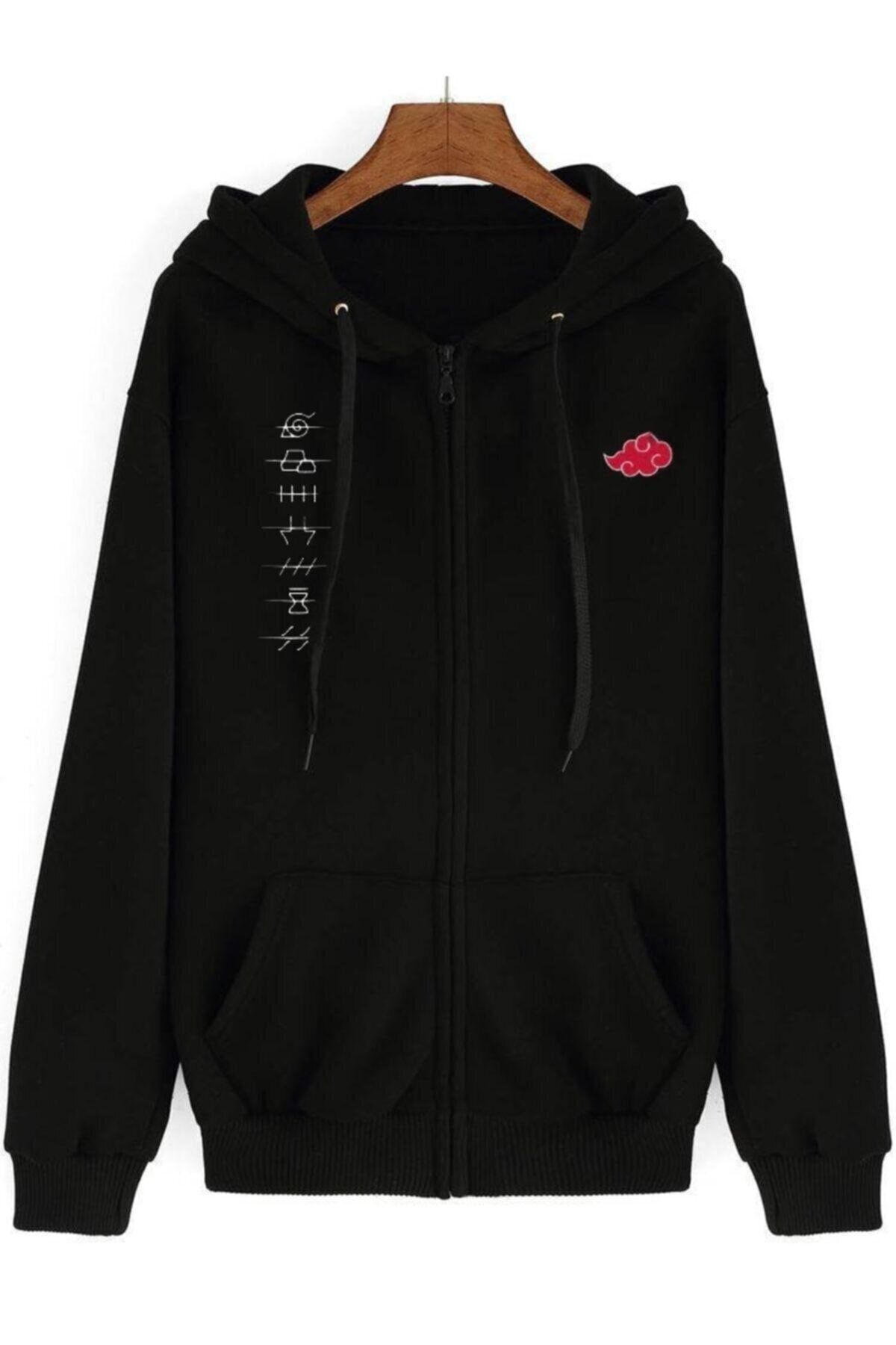 Blackjackgiyim Siyah Fermuarlı Kapşonlu Naruto Sweatshirt