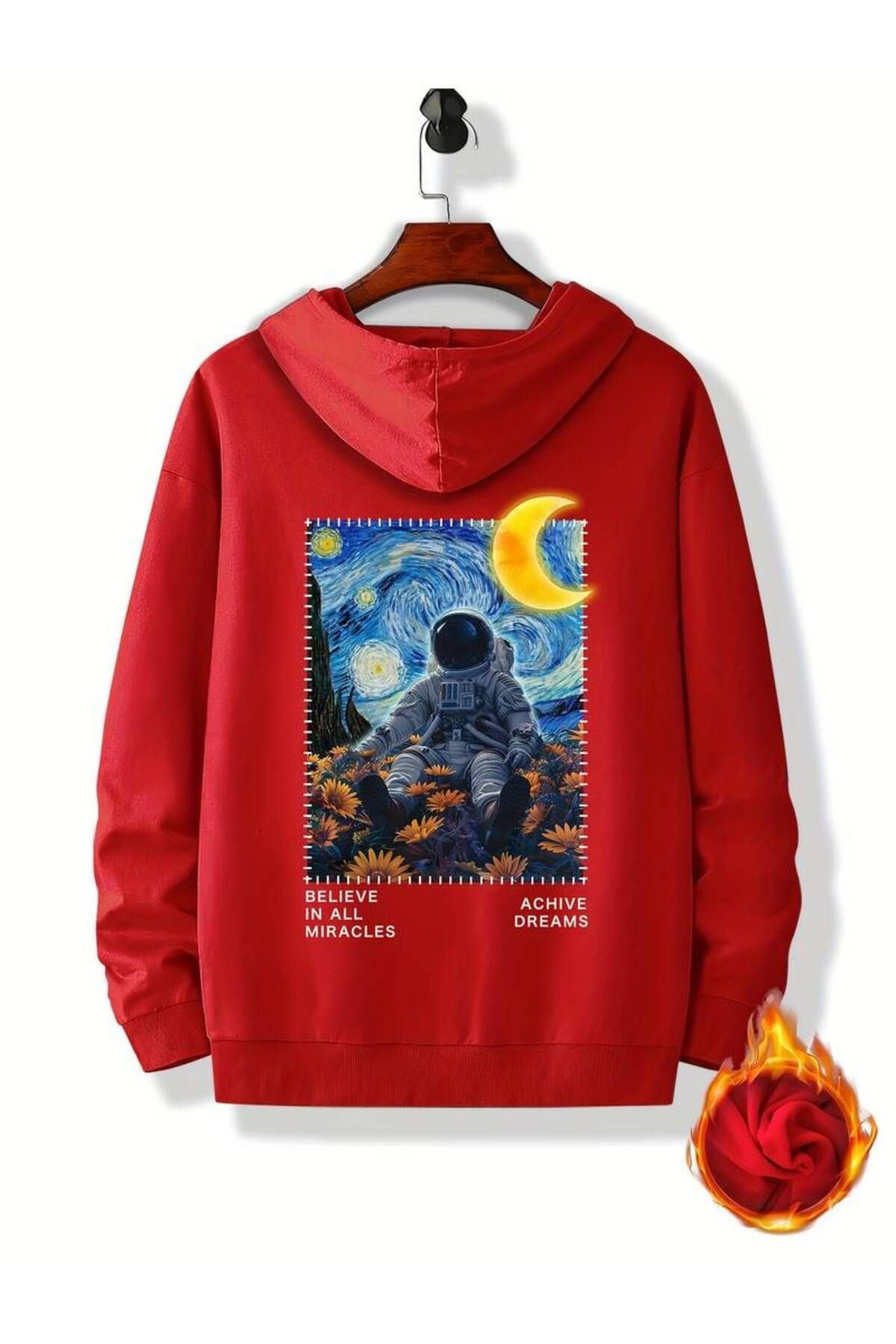 Astronot Arka Baskılı Kapüşonlu Sweatshirt - Kırmızı