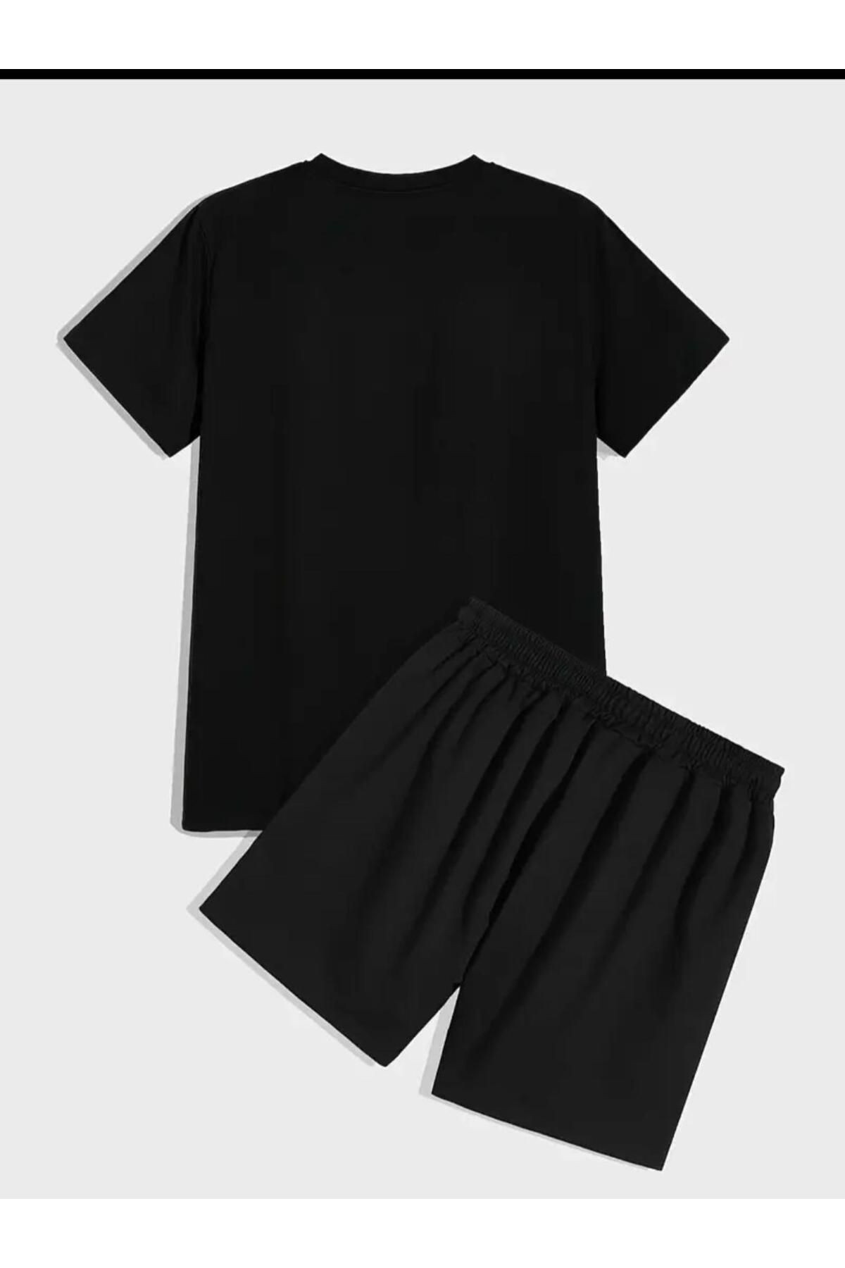 Desenli Ayıcık  Baskılı T-shirt Short Bol Paça Rahat Kalıp Siyah Alt Siyah Üst Short Takım