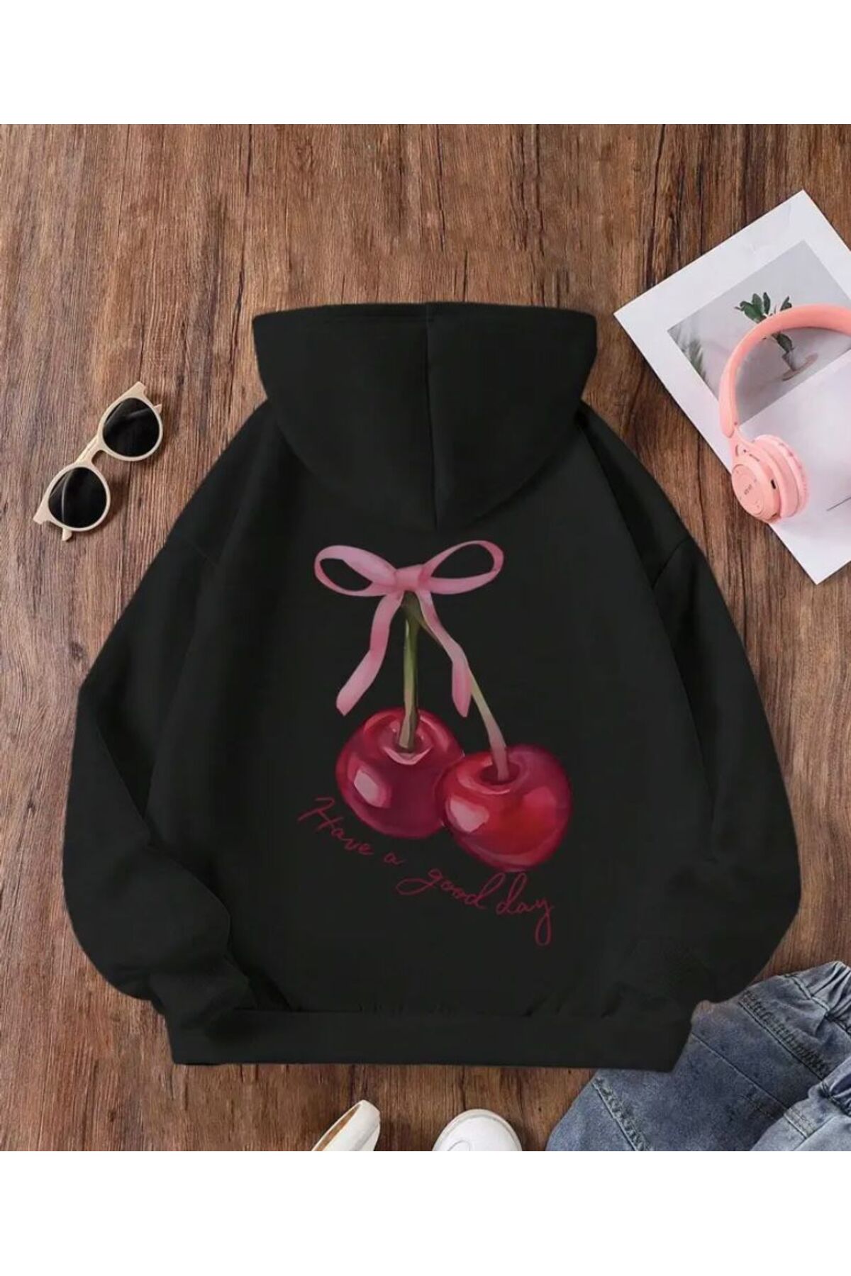 Arka Baskı Detaylı İçi Polarlı Kapüşonlu Sweatshirt