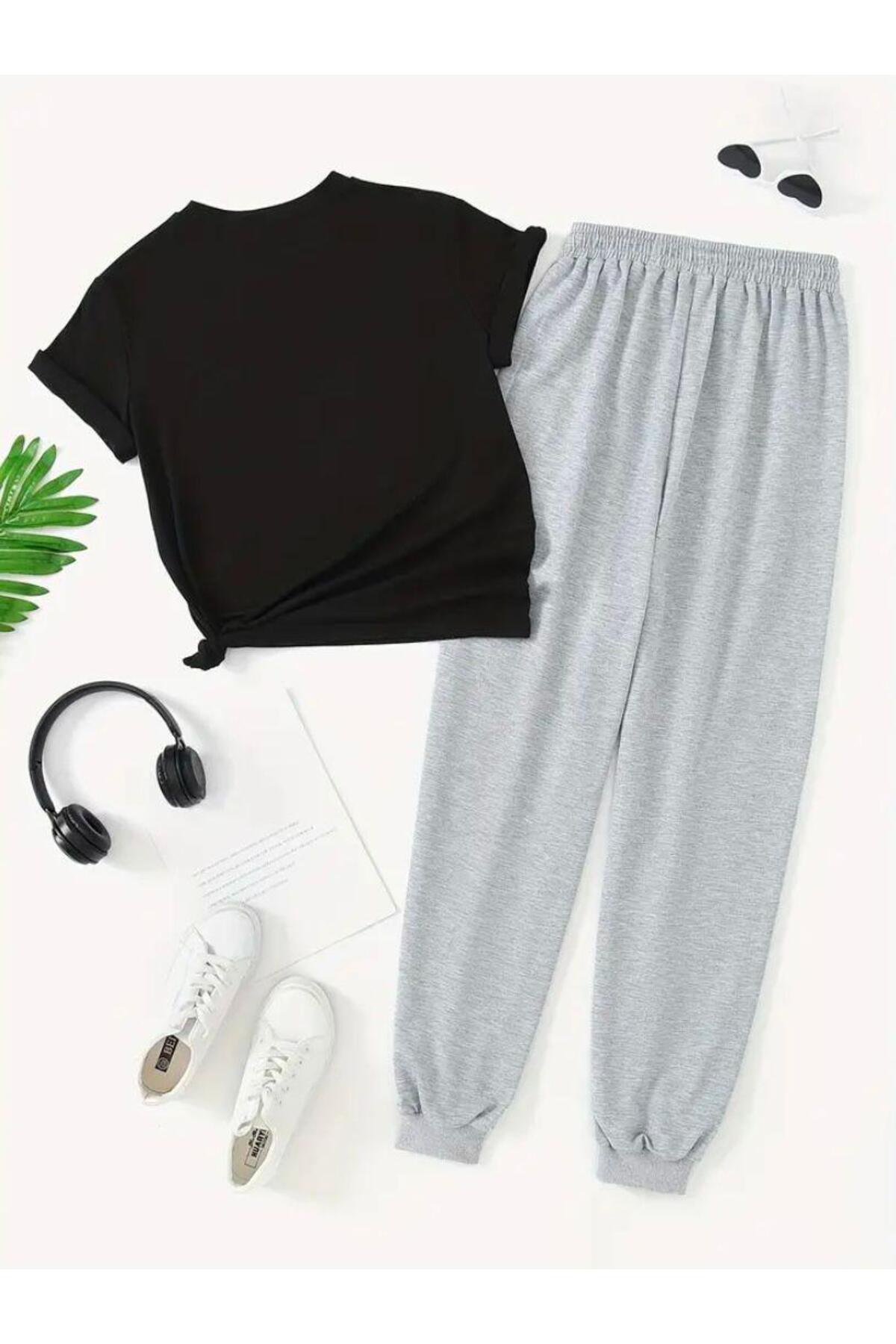 Süslü Peluş Ayıcık  Baskılı  T-shirt Eşofman Altı Jogger Rahat Kalıp Siyah Eşofman Takım