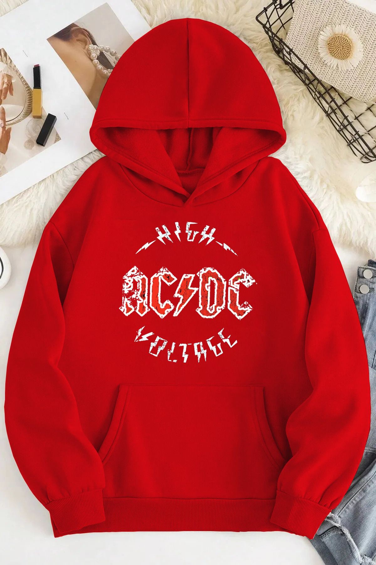 Acdc Oversize Kapüşonlu Sweatshirt - kirmizi