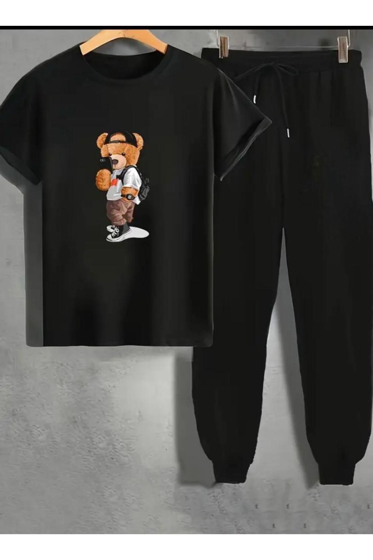 Peluş Ayı Baskılı  T-shirt Eşofman Altı Jogger Rahat Kalıp Siyah Eşofman Takım