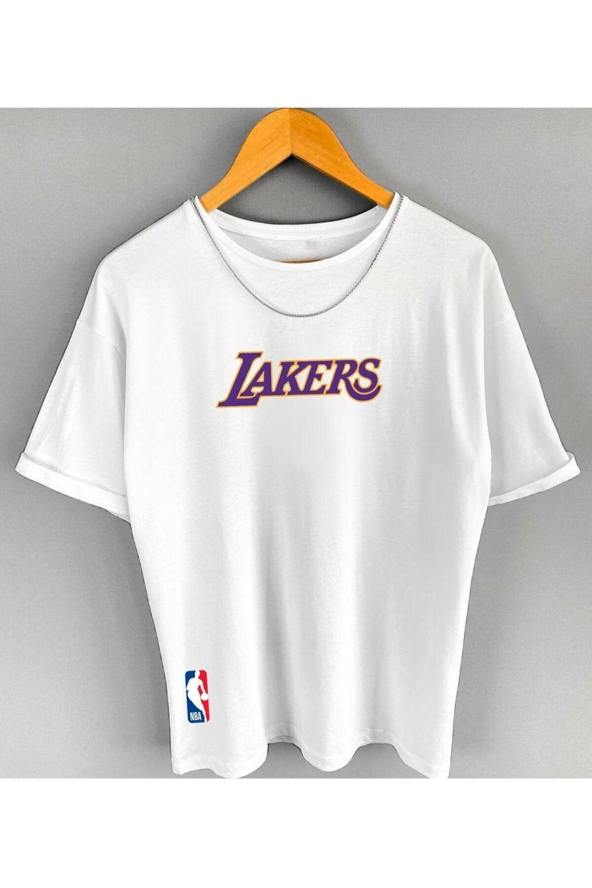 Erkek Beyaz Lakers Baskı Basic Tshirt
