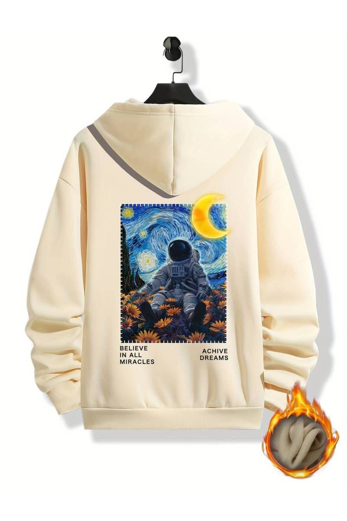 Astronot Arka Baskılı Kapüşonlu Sweatshirt - Bej