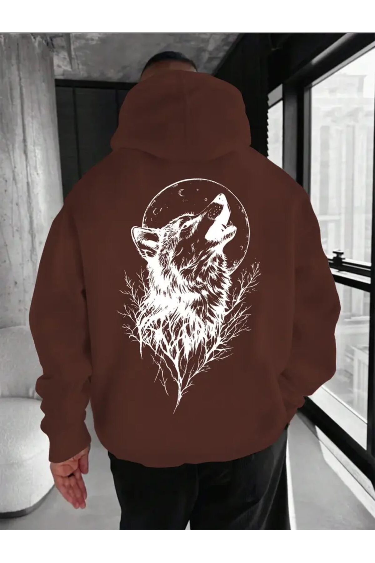 Arka Kurt Baskı Detaylı İçi Polarlı Kapüşonlu Sweatshirt