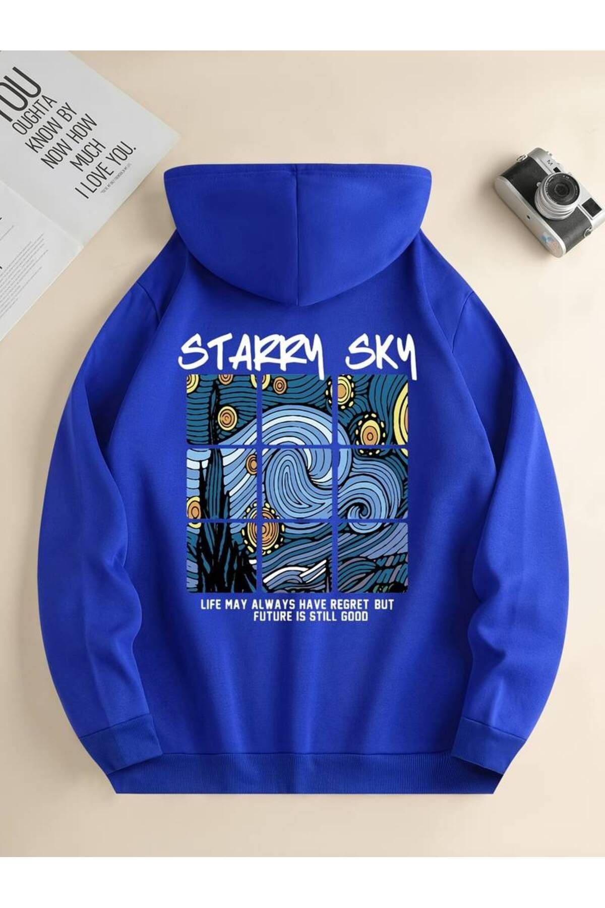 Starry Sky Baskılı Kapüşonlu Sweatshirt - Mavi