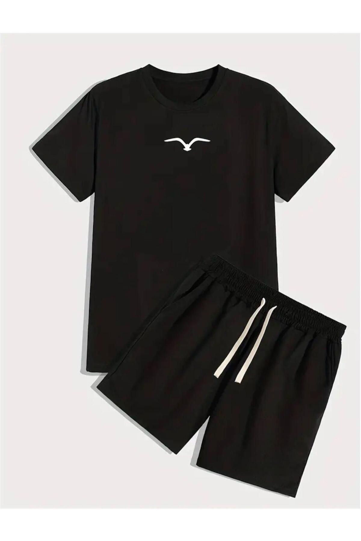 Martı  Baskılı T-shirt Short Bol Paça Rahat Kalıp Siyah Alt Siyah Üst Short Takım
