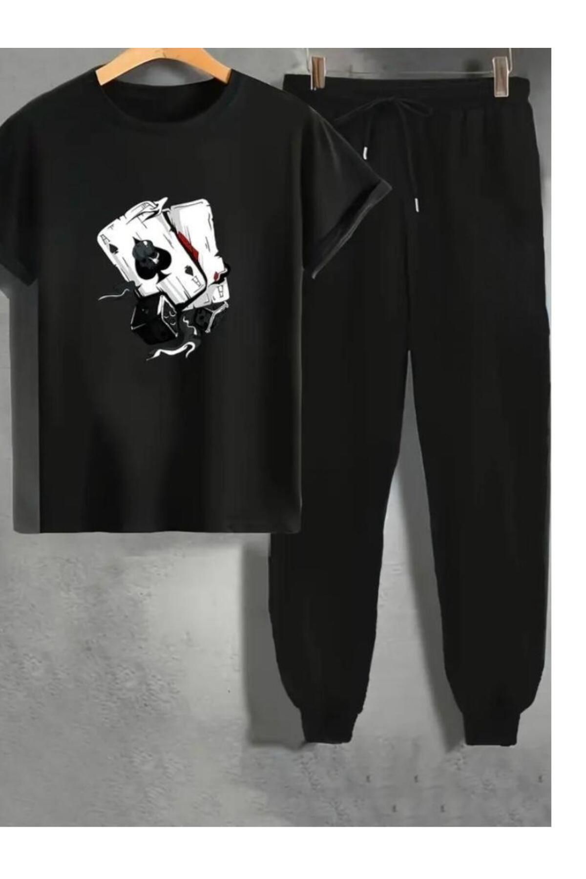 Zar Baskılı  T-shirt Eşofman Altı Jogger Rahat Kalıp Siyah Eşofman Takım