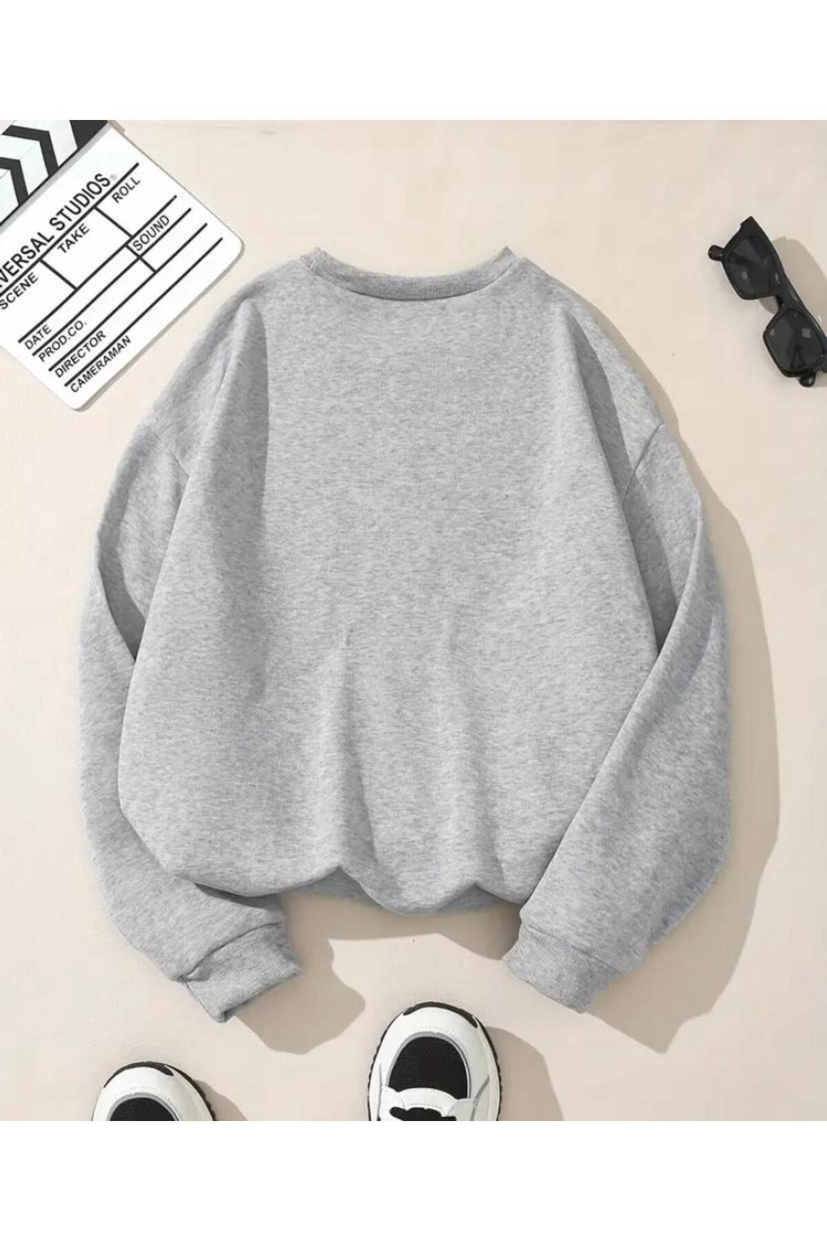 Ayıcık Baskılıı Bisiklet Yaka İçi Polarlı Sweatshirt