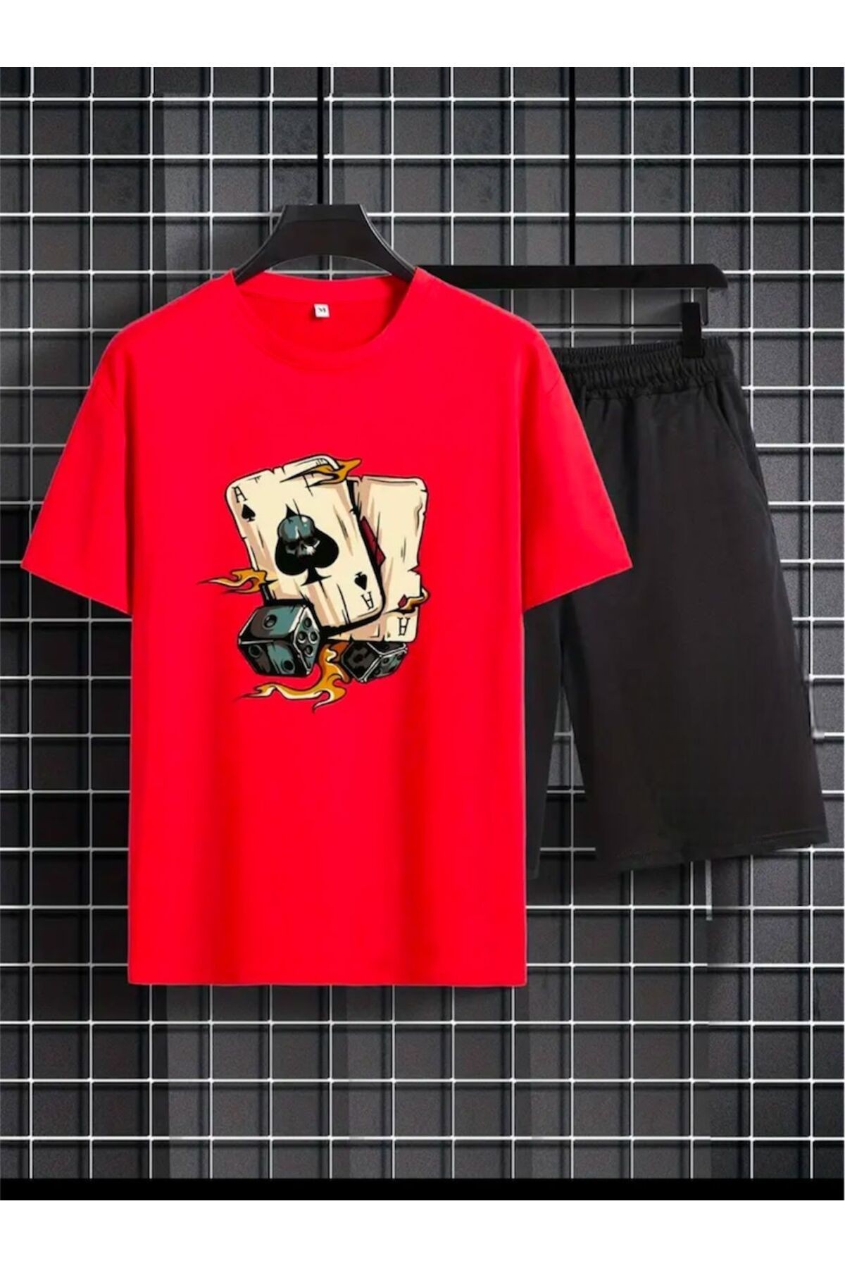 Zar Baskılı T-shirt Short Bol Paça Rahat Kalıp Siyah Alt Siyah Üst Short Takım