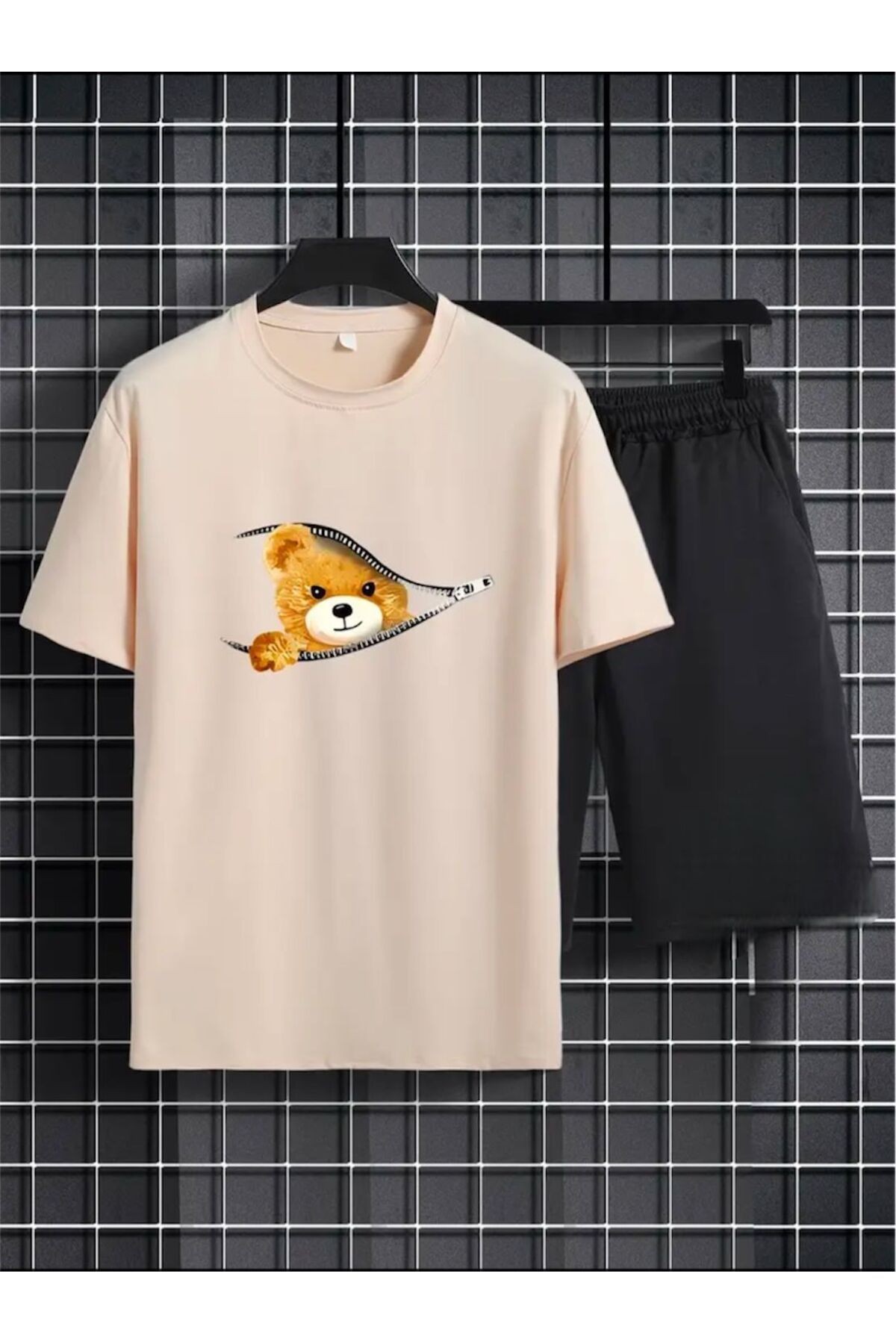 Fermuar Ayıcık Desen  Baskılı T-shirt Short Bol Paça Rahat Kalıp Siyah Alt Siyah Üst Short Takım