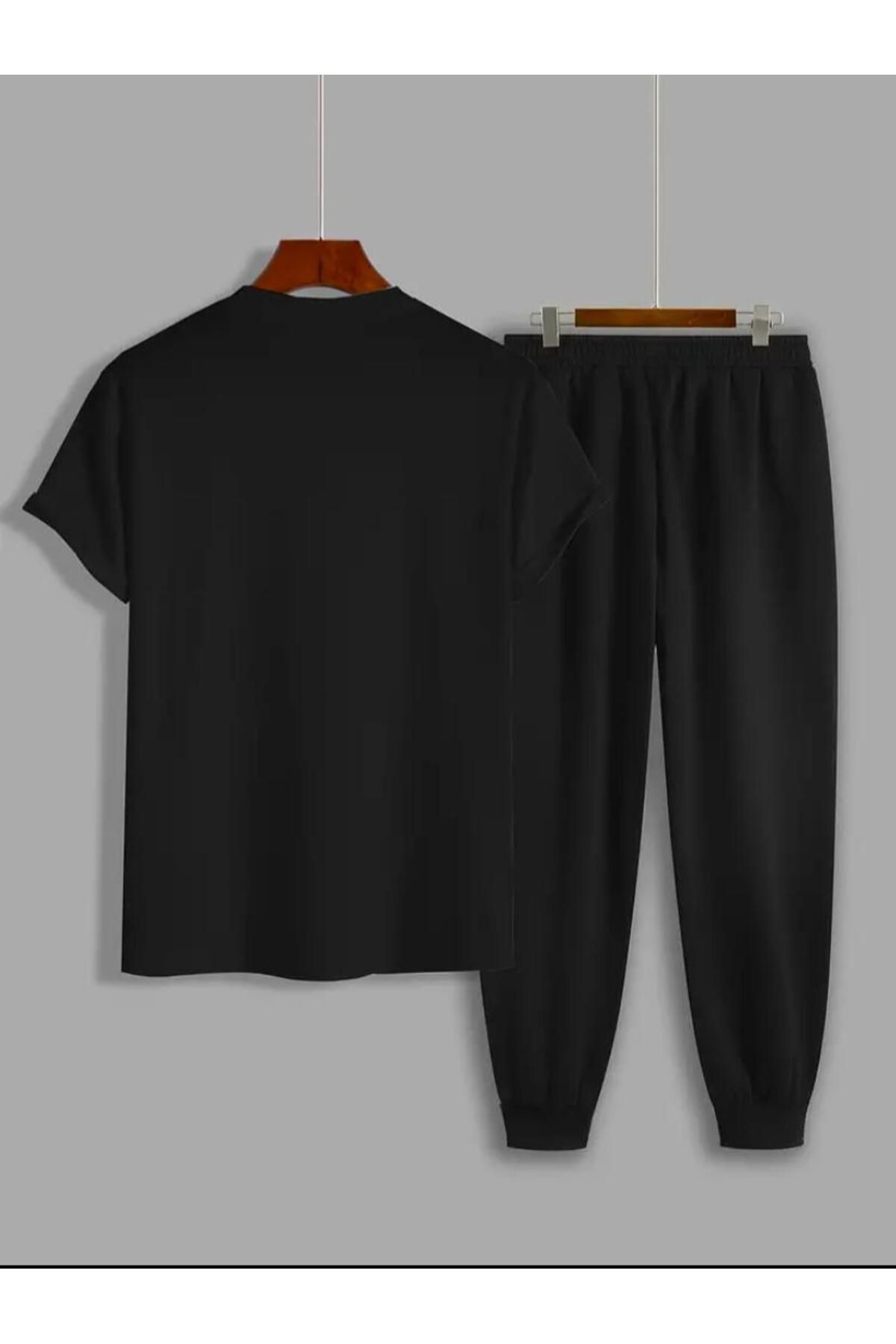 Yazı Baskılı  T-shirt Eşofman Altı Jogger Rahat Kalıp Siyah Eşofman Takım