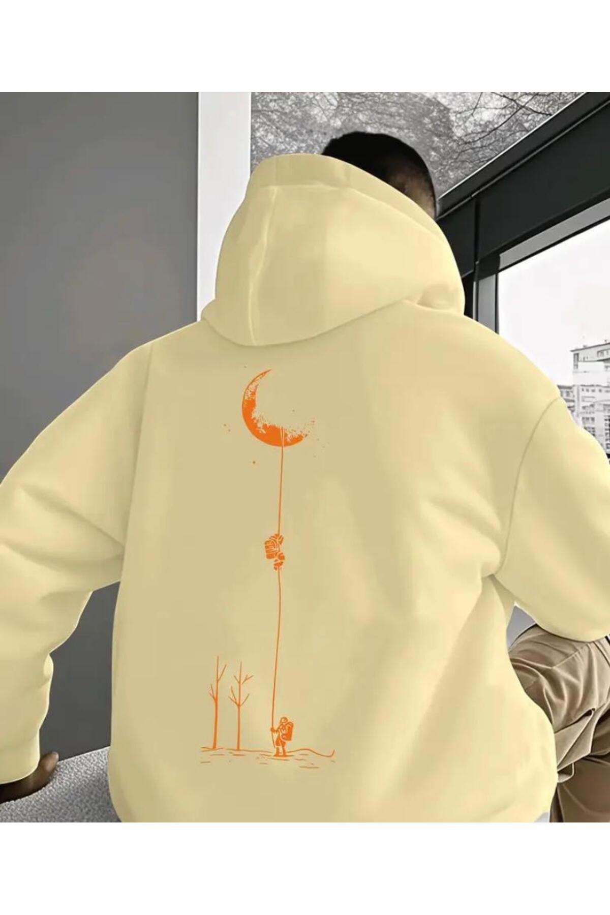 Arka Desen Baskılı İçi Polarlı Kapüşonlu Sweatshirt