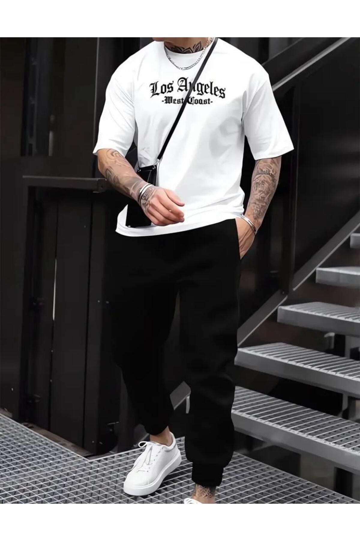 Losangeles West  Baskılı T-shirt Eşofman Altı Jogger Rahat Kalıp Beyaz Eşofman Takım New Model