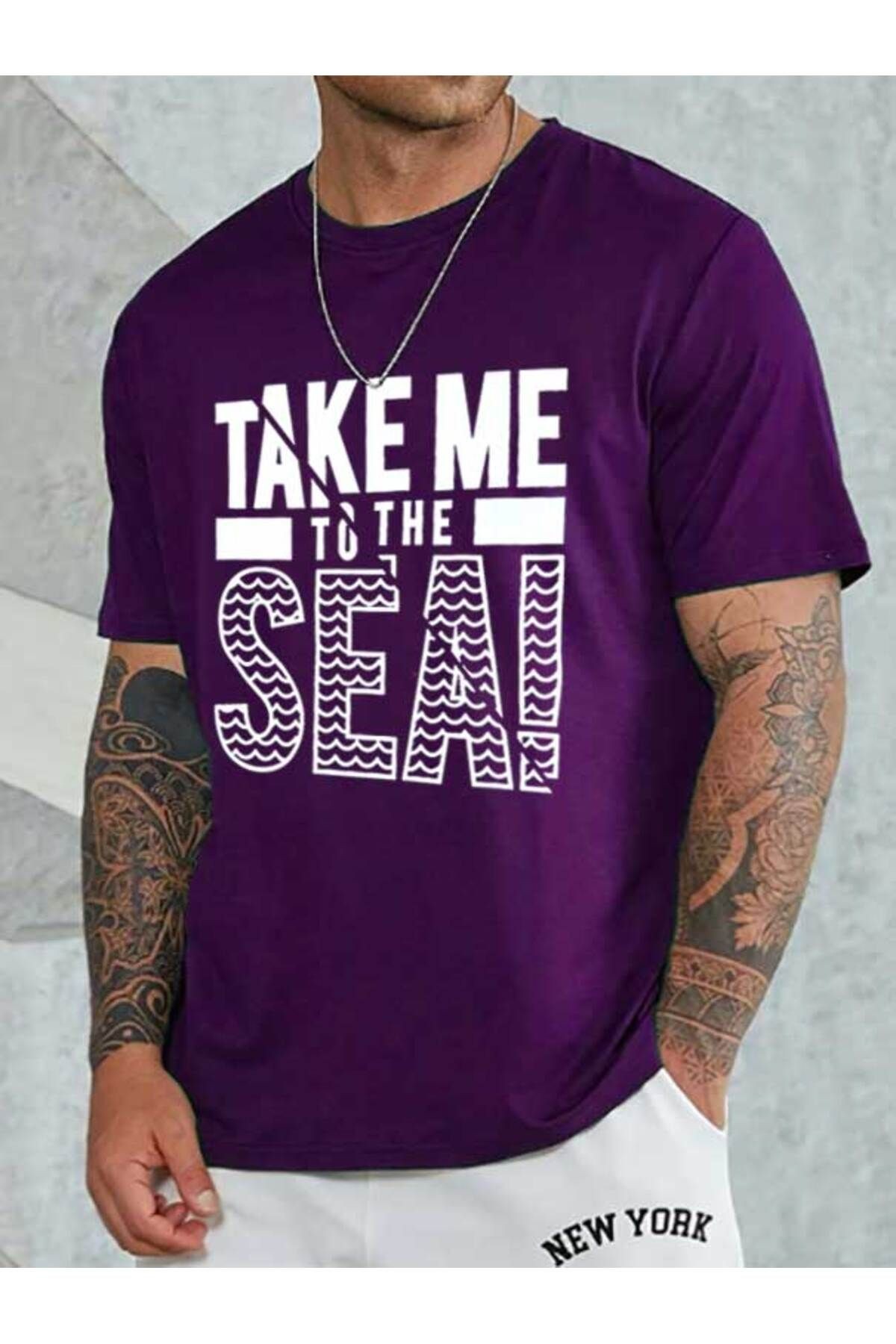 Unisex Take Me Baskılı Bisiklet Yaka Tshirt - Mor