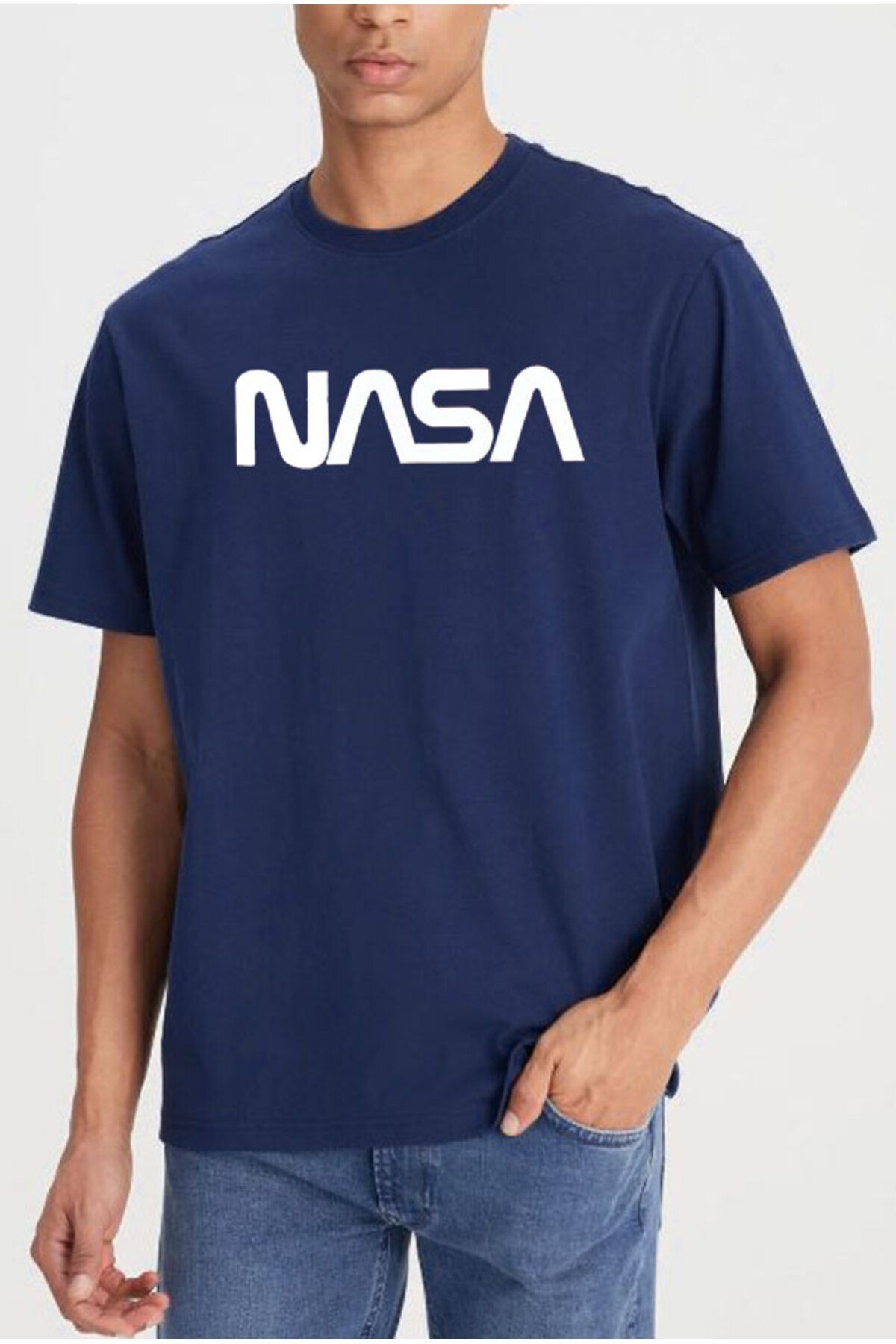 Unisex Nasa Baskılı Siyah Tshirt - Lacivert