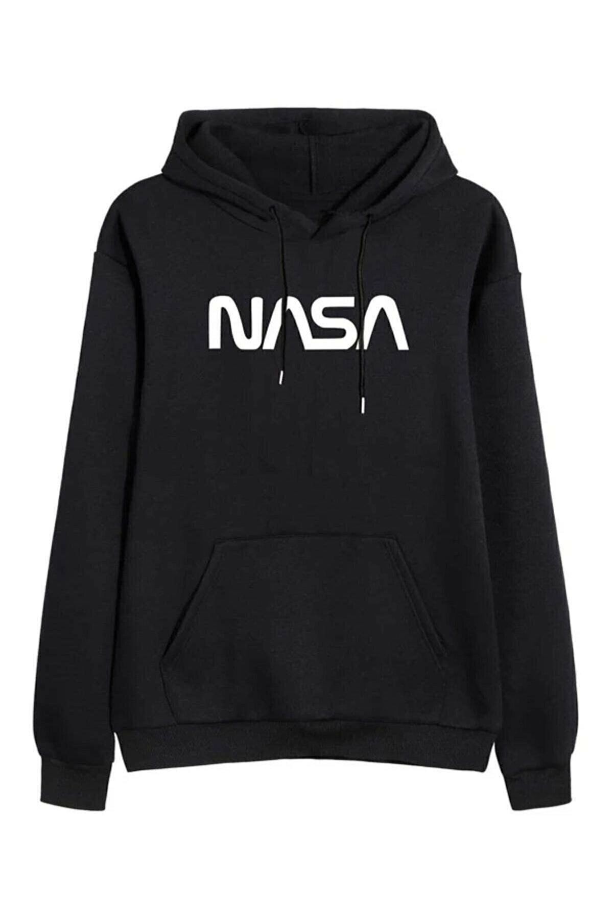 Unisex Nasa Kırmızı Baskılı Kapüşonlu Sweatshirt - Siyah