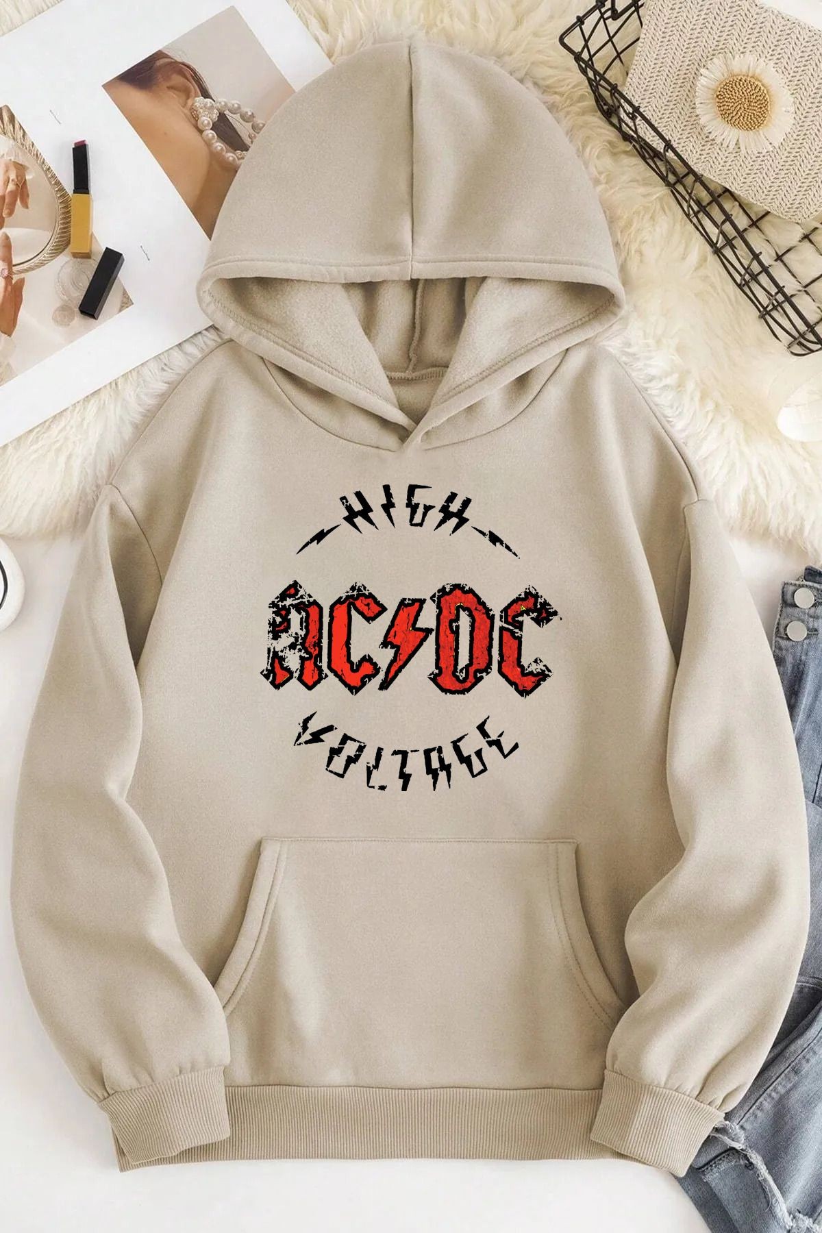 Acdc Oversize Kapüşonlu Sweatshirt - Bej