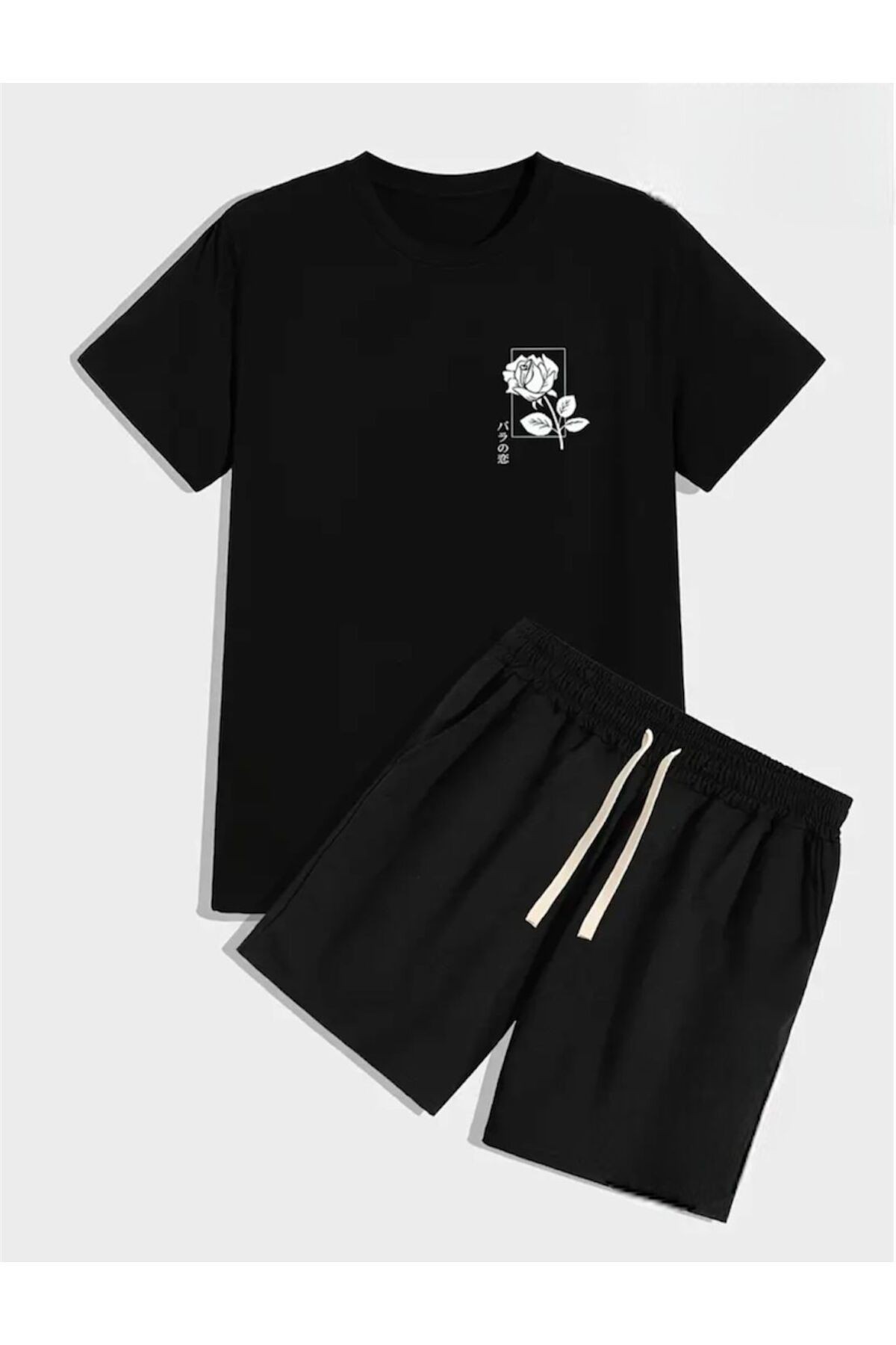 Baskılı T-shirt Short Bol Paça Rahat Kalıp Siyah Alt Siyah Üst Short Takım