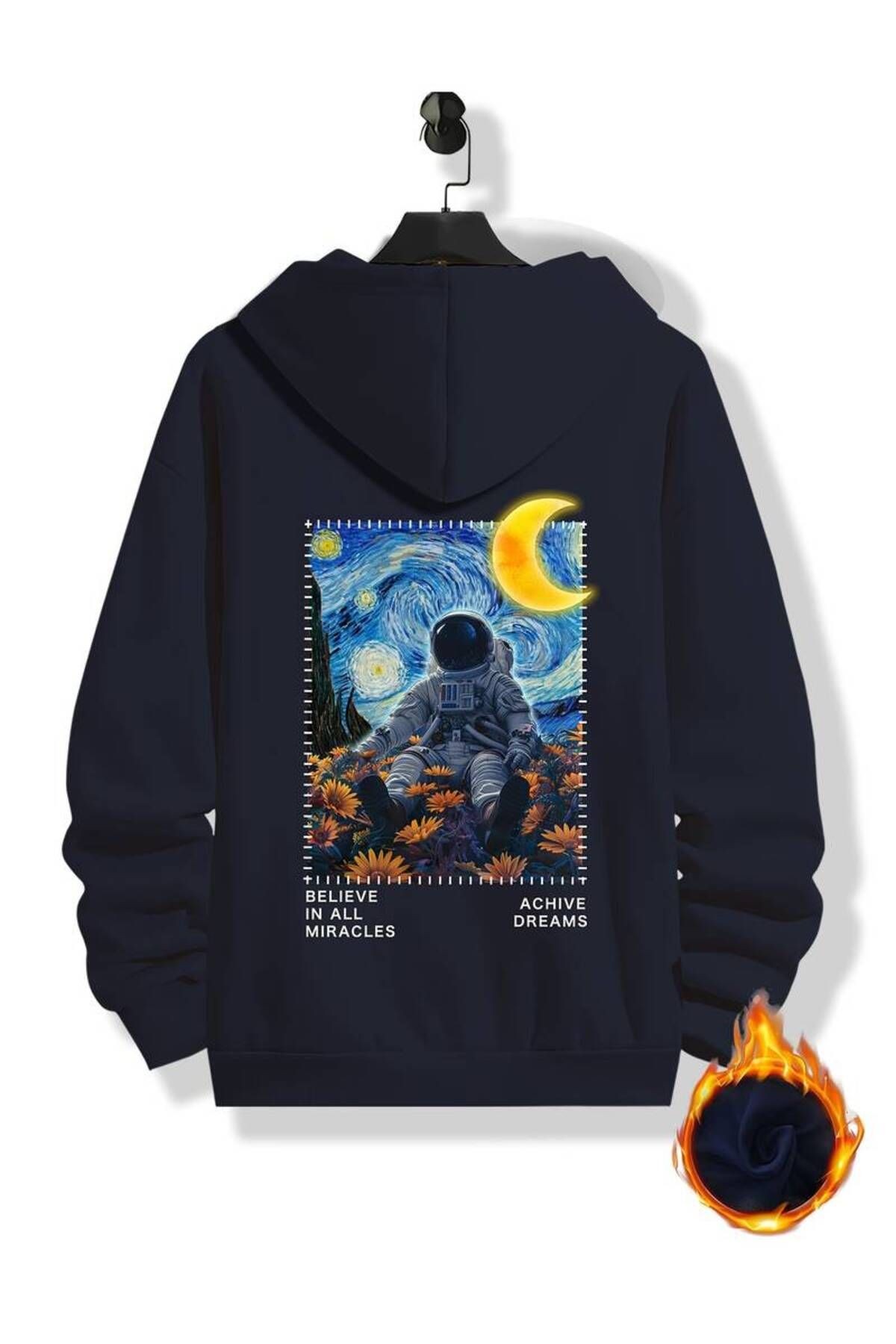 Astronot Arka Baskılı Kapüşonlu Sweatshirt - Lacivert