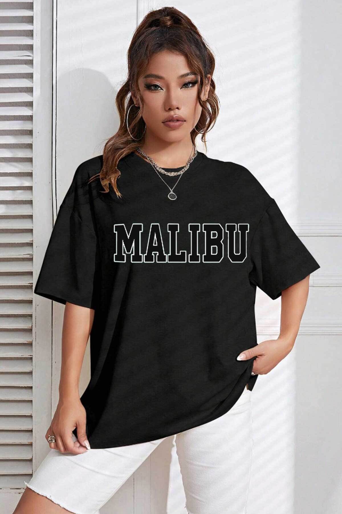 Unisex Malibu Baskılı Siyah Tshirt