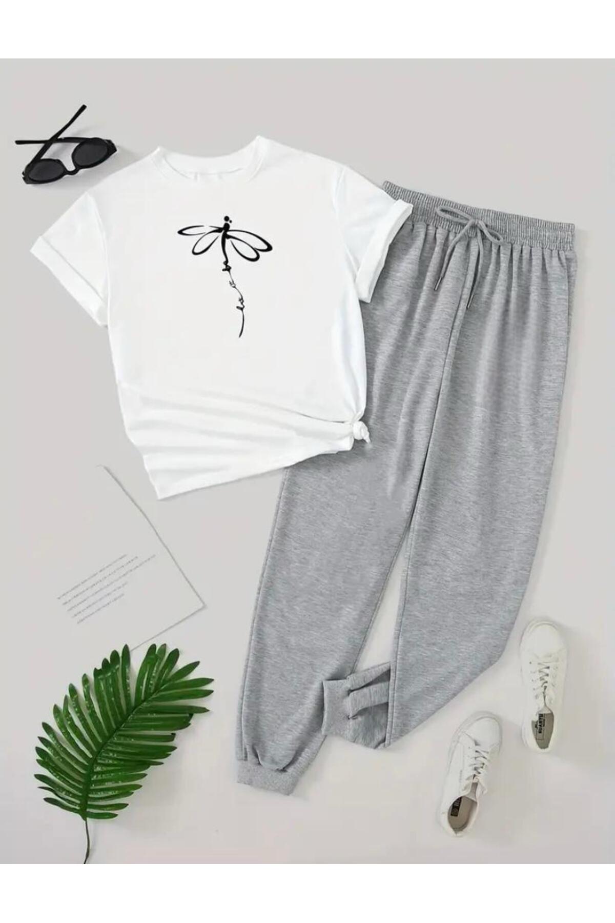 Dragonfly Baskılı T-shirt Eşofman Altı Jogger Rahat Kalıp  Eşofman Takım