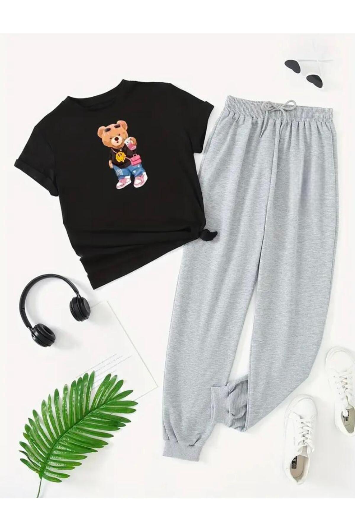 Süslü Peluş Ayıcık  Baskılı  T-shirt Eşofman Altı Jogger Rahat Kalıp Siyah Eşofman Takım