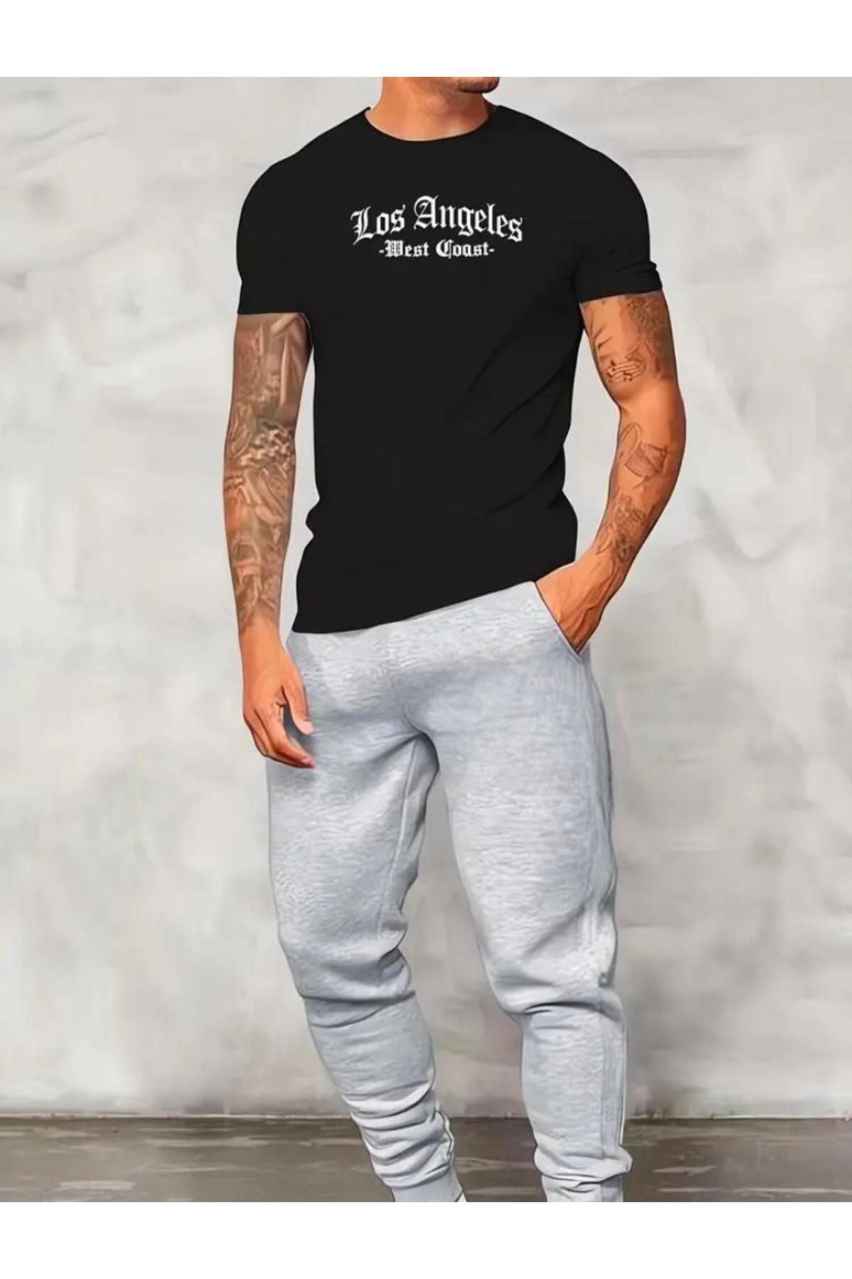 Los Angels Baskılı T-shirt Eşofman Altı Jogger Rahat Kalıp  Eşofman Takım