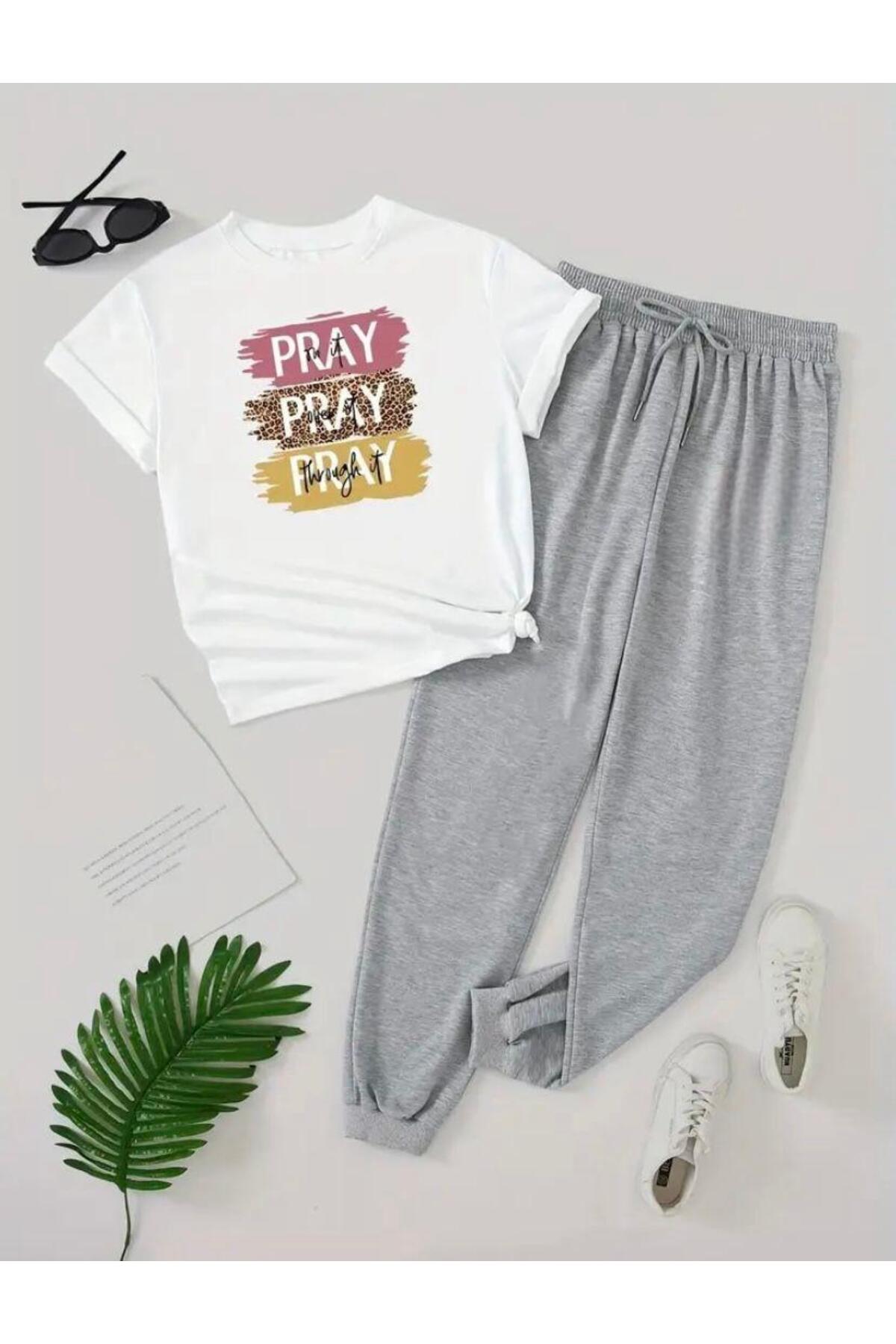 Pray  Yazı  Baskılı  T-shirt Eşofman Altı Jogger Rahat Kalıp Siyah Eşofman Takım